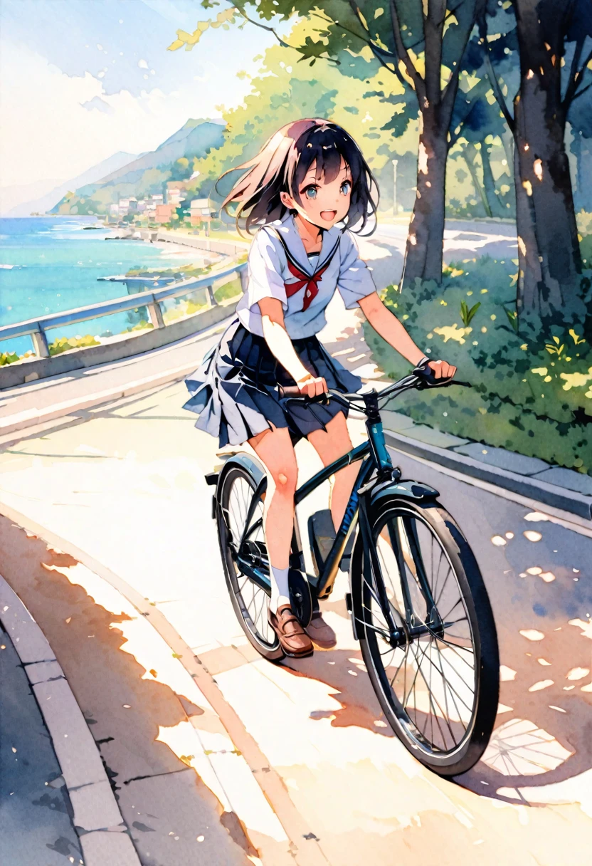 8k,best quality, masterpiece, ultra highres, ultra-detailed:1.2,((japanese school boy and girl)) running on a bicycle,school-uniform,open mouth,smile,detailed bicycle,BREAK,summer,early morning,(Watercolor:1.3),(A road with a view of the sea),