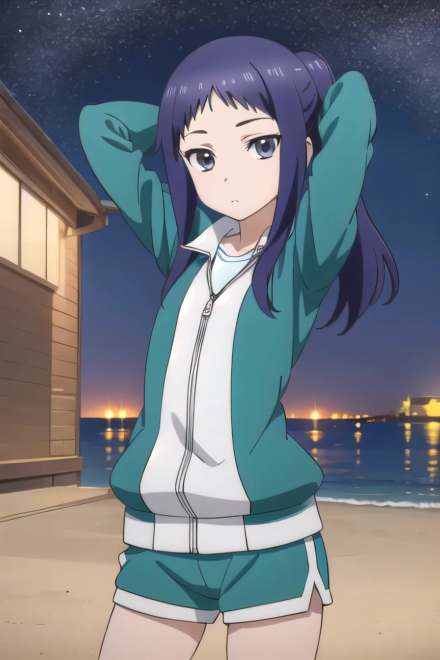 solo, 1girl, looking at viewer, 2D, anime, anime coloring, (cowboy shot:1.5), solo, night sky, beach, arms behind head, contrapposto, spread armpits, looking at viewer, best quality, closed mouth, expressionless, minami oosawa, track jacket, 