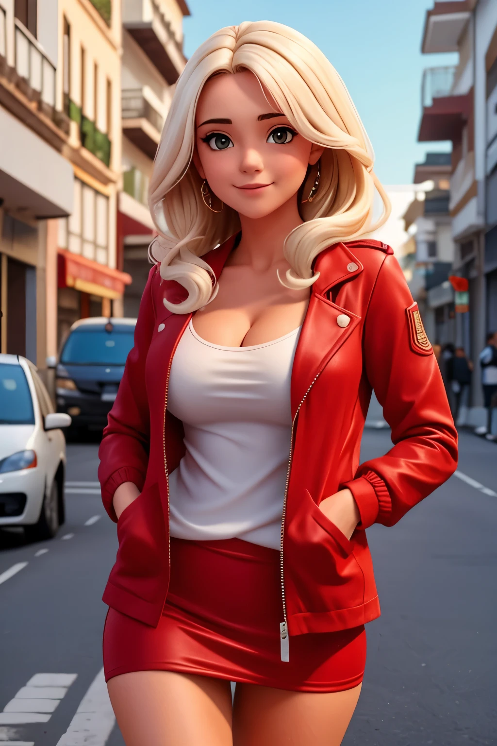 Uma garota sexy, de cabelo LOIRO, She's in town, and is wearing an open red jacket over a WHITE BODY