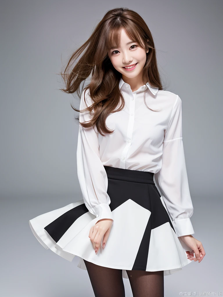 Full-body photo, Standing posture, masterpiece, highest quality, Original photo, 超High resolution, 1 girl, curl, Long, brown hair, perfect fingers, slim legs., Perfect big smile, Intricate details , Detailed Background, Detailed skin, pores, High resolution, High Dynamic Range, 美しいmodel, soft ライト on the face, BAPV_model, Split, ((White shirt_Black Skirt)), Black high heels, Black Pantyhose