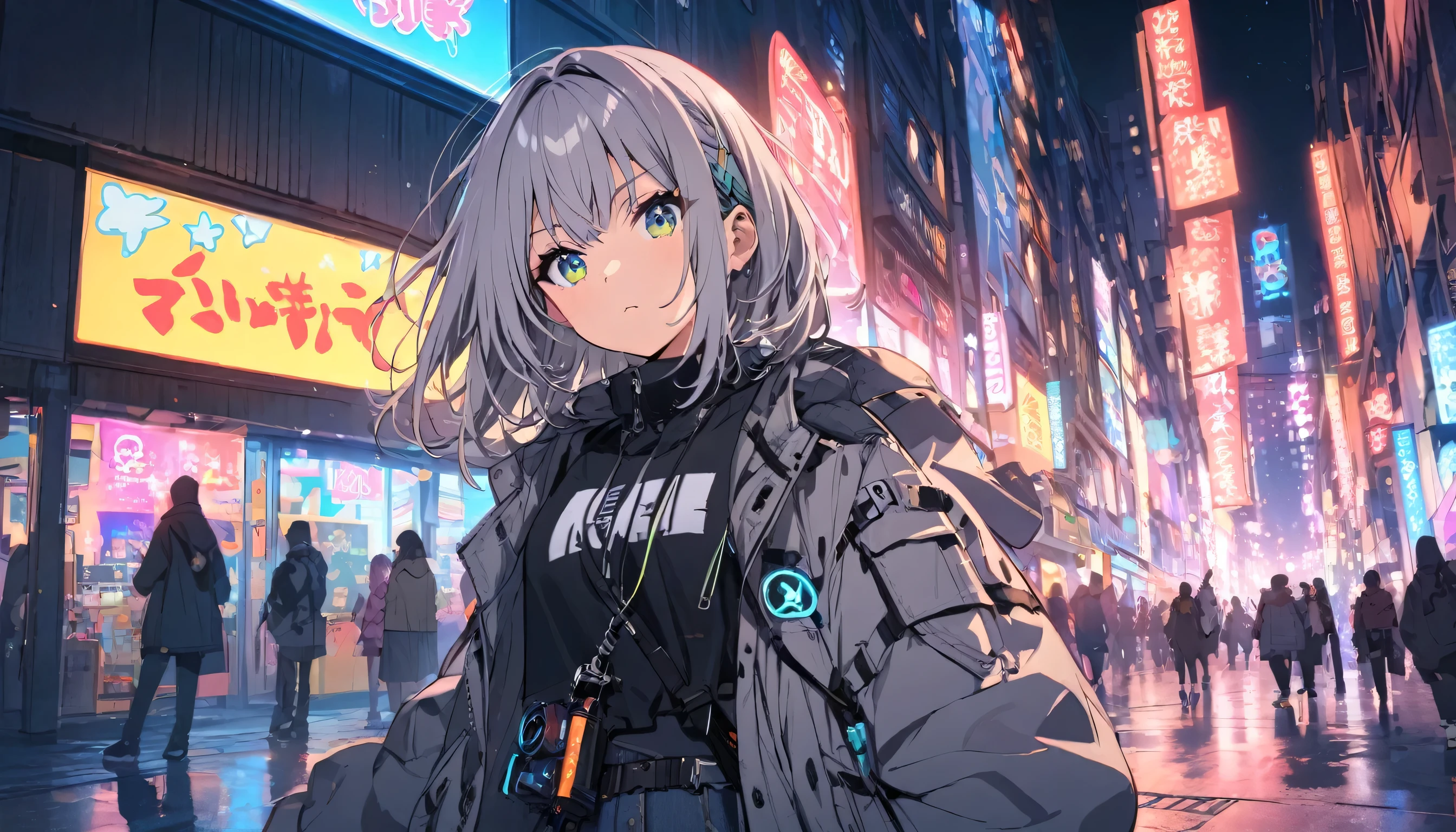 girl, 1 person, night, Gray Hair, cool, neon