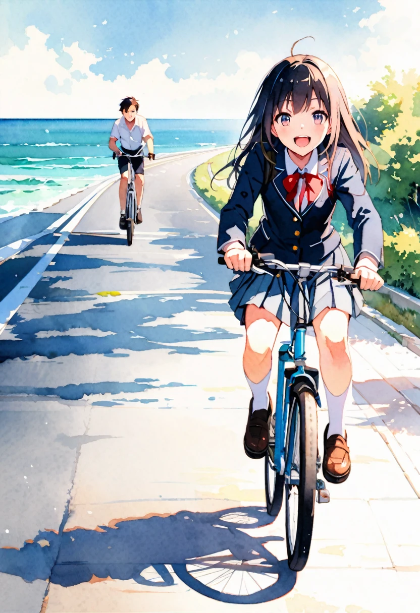8k,best quality, masterpiece, ultra highres, ultra-detailed:1.2,((japanese school boy and girl)) running on a bicycle,school-uniform,open mouth,smile,detailed bicycle,BREAK,summer,early morning,(Watercolor:1.3),(road with view of sea),