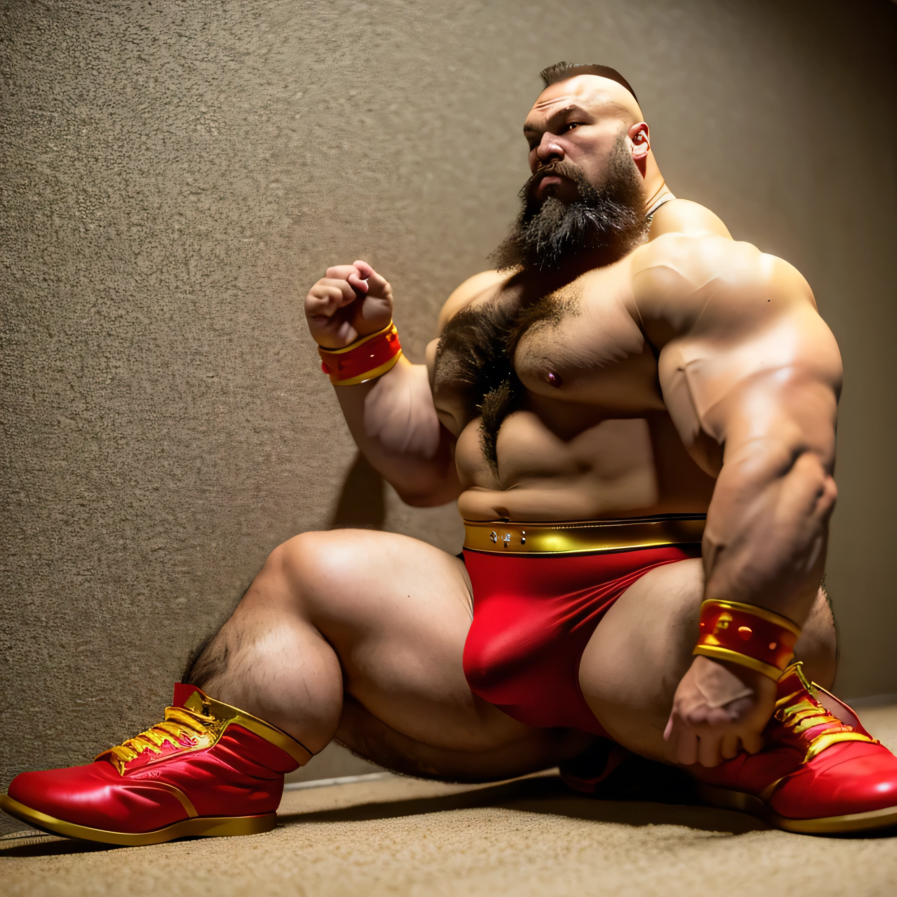 zangief,a man with a beard and a golden belt, fighting game character, street fighter 5,muscled humanoid,heavy looking,buff man,wrestler,Red short briefs,capcom,street fighter,shirtless,muscular male,chest hair,visually weighty,bearded man,mohawk hair,Red Wrestling Boots((best quality)), ((masterpiece)), (detailed), perfect face