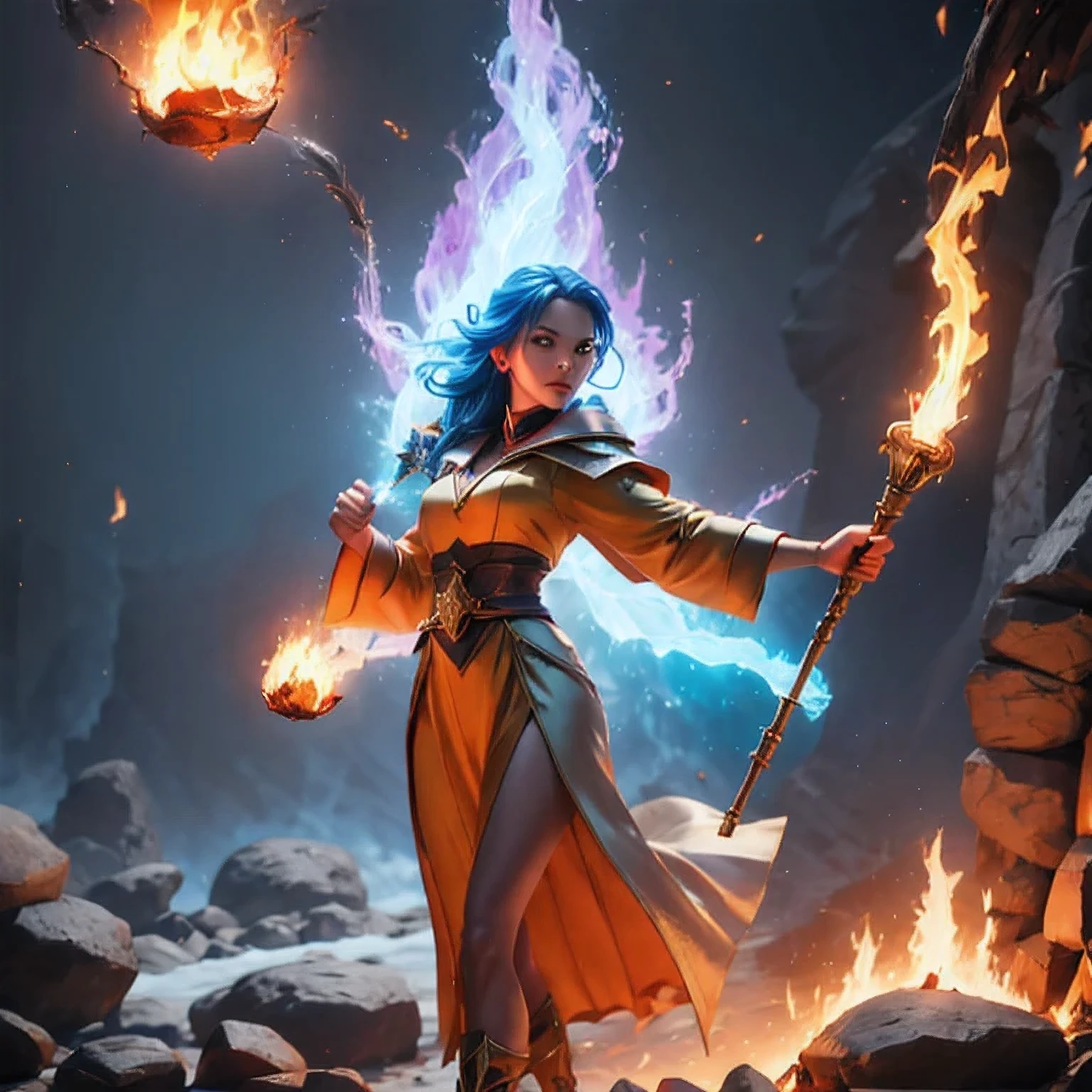 there is a girl with blue hair and a white dress holding a fire, ice sorceress, the sorceress casting a fireball, fantasy character photo, casting fire spell, (octane render) fantasy style, ice and fire, a sorceress casting a ice ball, realistic fantasy render, she has fire powers, ice mage, fantasy photoshoot , arafed(((Perfect college student))