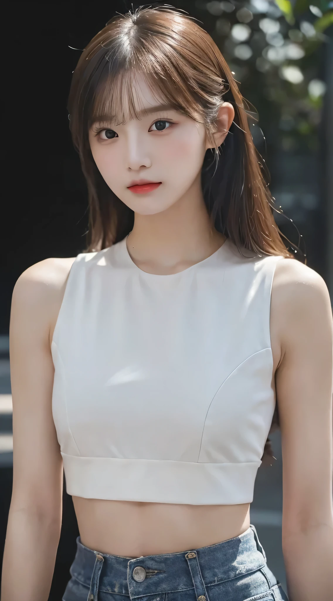 (masterpiece, best quality, beautiful girl, Pretty Face:1.2), Close-up face, Gardenia, 8K, Official Art, RAW photos, Ridiculous, Crop Top, Looking at the audience, Slim Light, Film Grain, Chromatic Aberration, Clear focus, in the darkness, Deep Shadows, Low profile, Cold Light, Sexy look, short