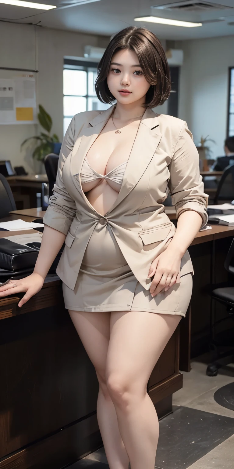 (RAW photo), (Realistic), (photo-realistic), ultra high resolution, masterpiece, highest quality, portrait, facial portrait, perfect lighting, detailed lighting, dramatic shadow, ray tracing, 1 Japanese beautiful lady, 25 years old, round face, Voluptuous, cleavage, plump body type, beautiful detailed brown eyes, chubby lips, red lips, big tits, big ass, big thick thighs, abs, muscle, medium straight hair, black hair, half open mouth, smiling, looking at viewer, ((wearing a business Jacket:1.2)), ((business mini skert:1.2)), (skirt lift:1.3), (from bottom:1.3), in a office,