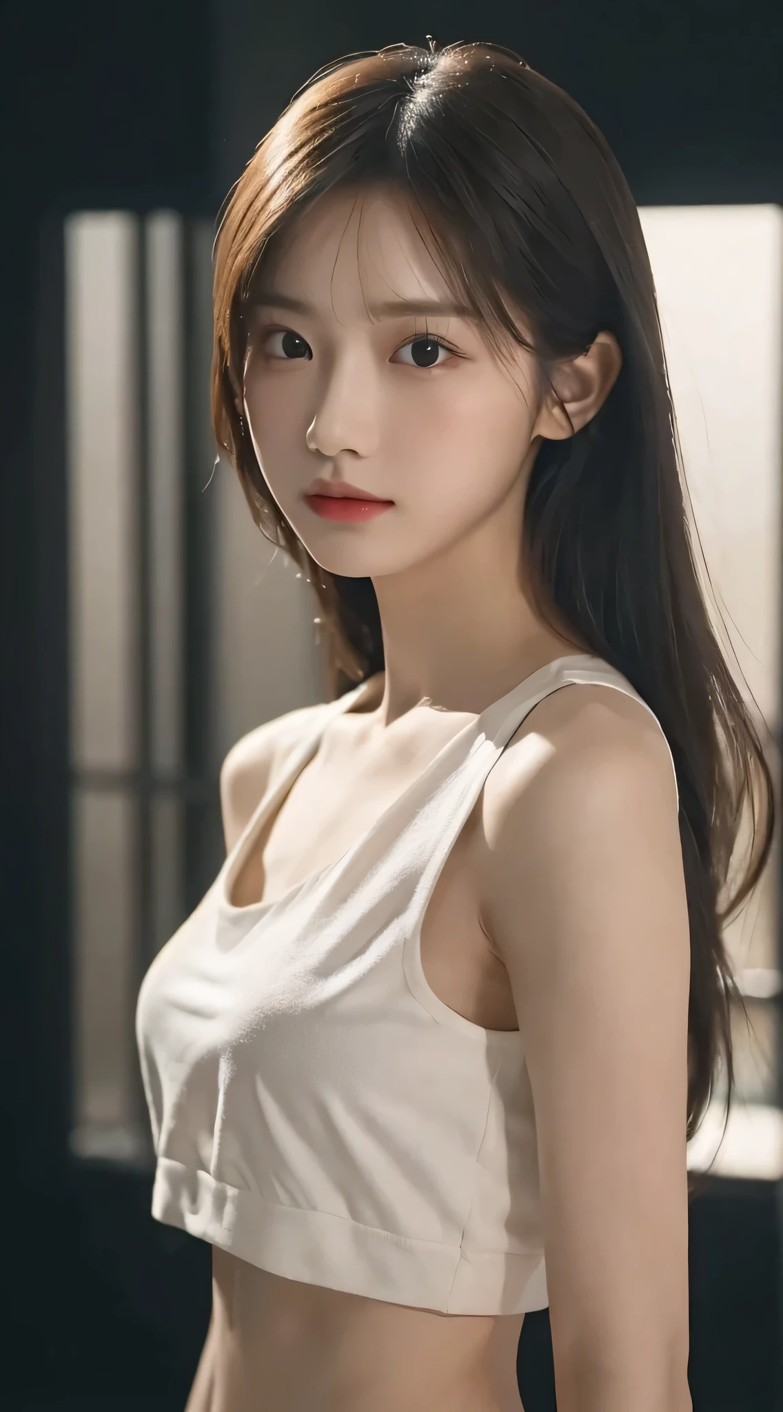 (masterpiece, best quality, beautiful girl, Pretty Face:1.2), Close-up face, Gardenia, 8K, Official Art, RAW photos, Ridiculous, Crop Top, Looking at the audience, Slim Light, Film Grain, Chromatic Aberration, Clear focus, in the darkness, Deep Shadows, Low profile, Cold Light, Sexy look, short