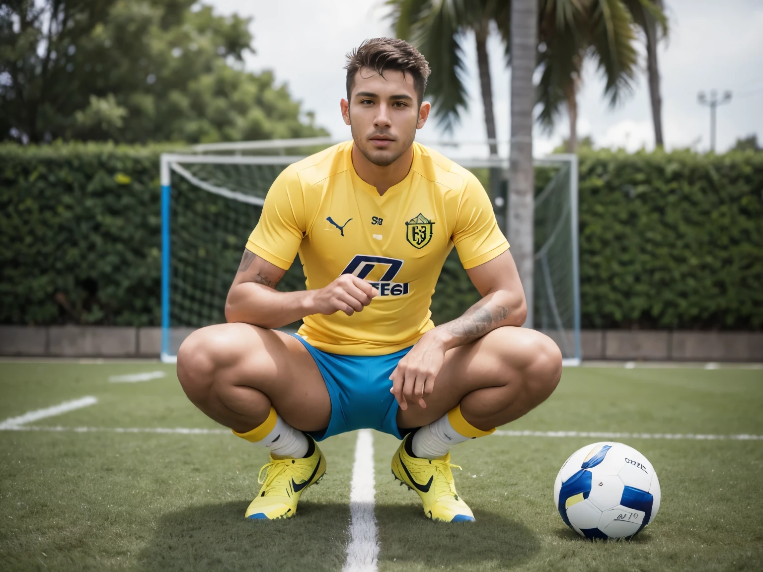 Male soccer player with yellow jersey and blue shorts facing the camera, Squatting.