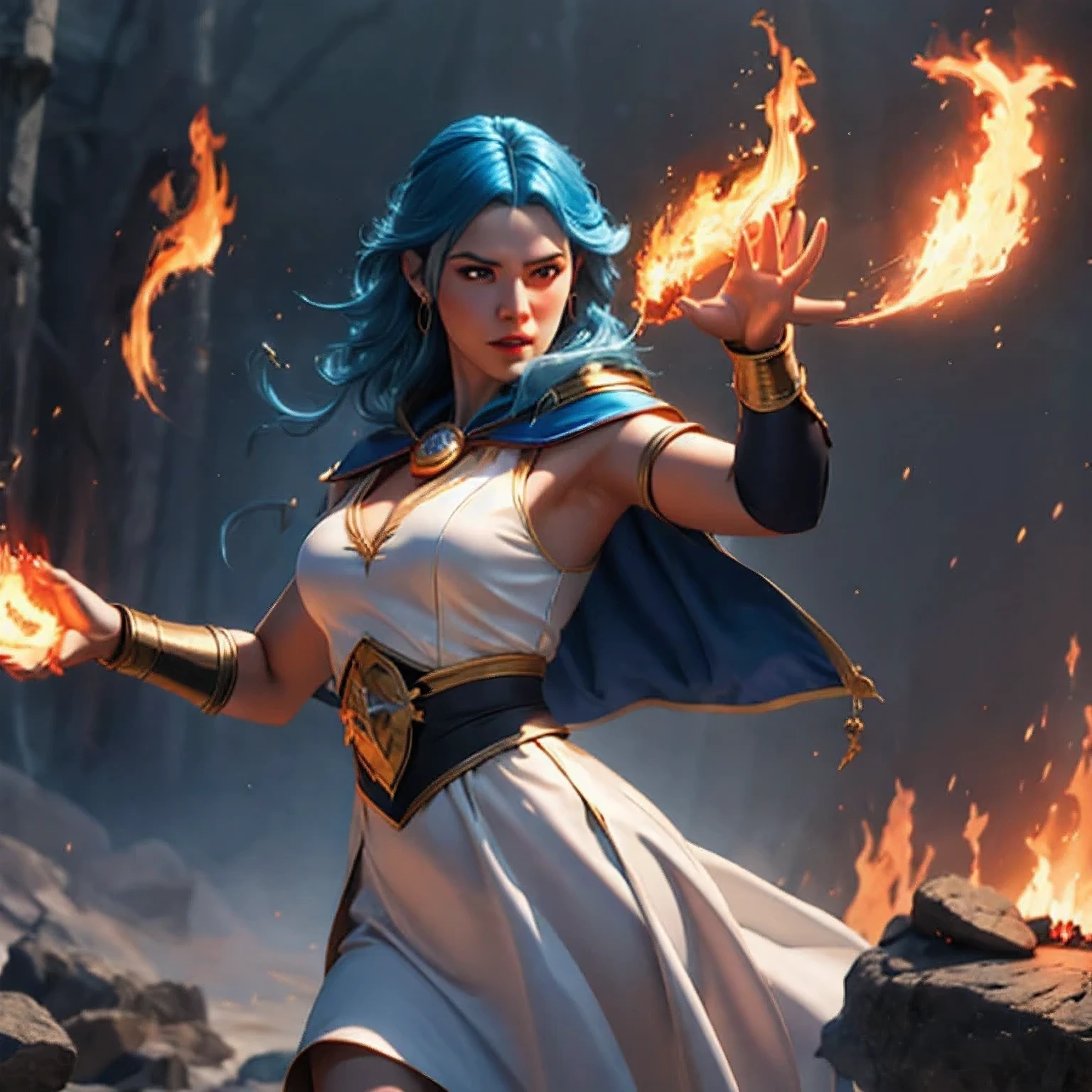 there is a girl with blue hair and a white dress holding a fire, ice sorceress, the sorceress casting a fireball, fantasy character photo, casting fire spell, (octane render) fantasy style, ice and fire, a sorceress casting a ice ball, realistic fantasy render, she has fire powers, ice mage, fantasy photoshoot , arafed(((Perfect college student))