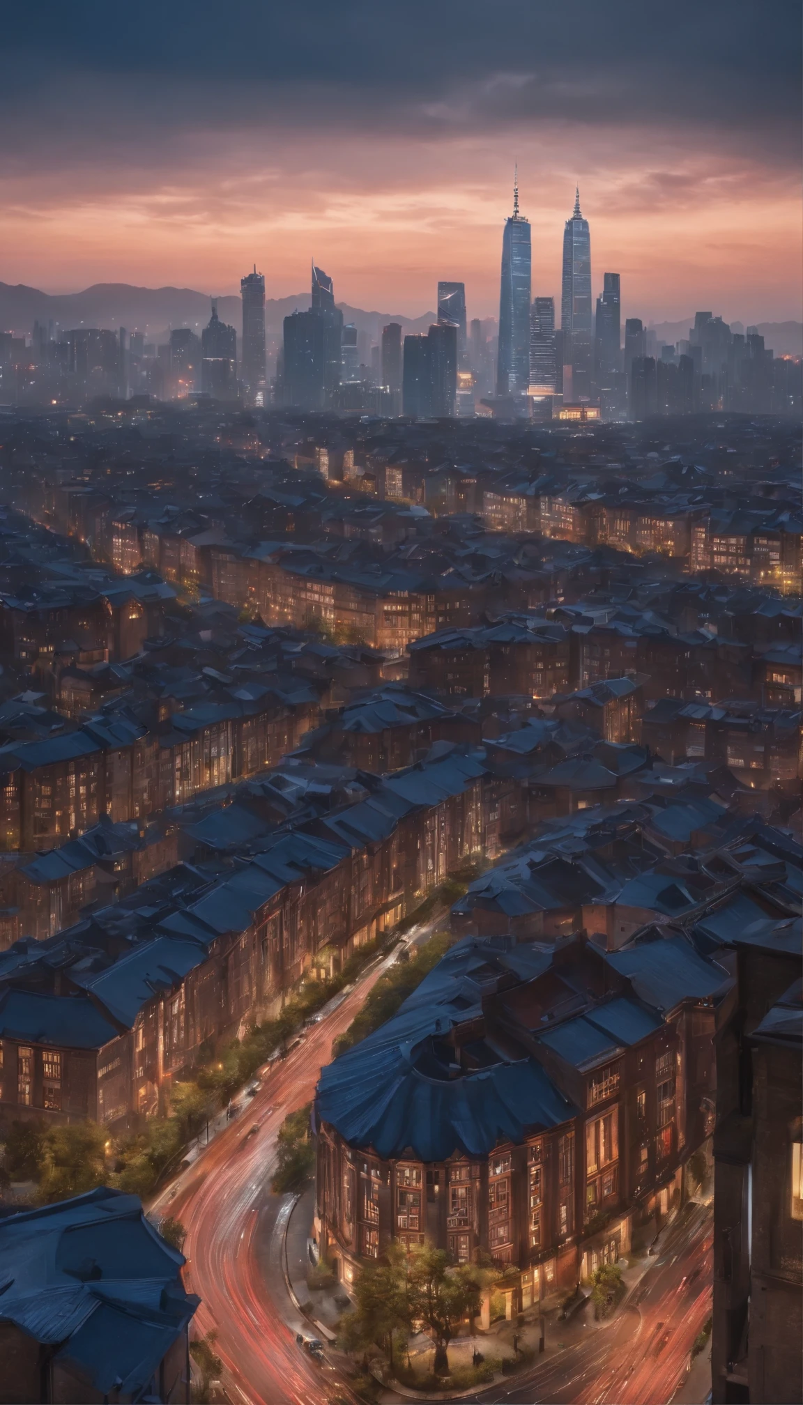 In the midst of the vibrant cityscape、A breathtaking night view unfolds。The towering skyscrapers、Wrapped in the elegant glow of neon、Reflecting the city's indomitable spirit(1.3)。This masterpiece was painstakingly crafted in 8K.、Perfect artwork(1.1)It encapsulates the meticulous details that make。The city's heartbeat、All Architectural Wonders、winding street、The flickering street lights are synchronized with the ultra-detailed inscription on the canvas.(1.3)。This is more than just wallpaper