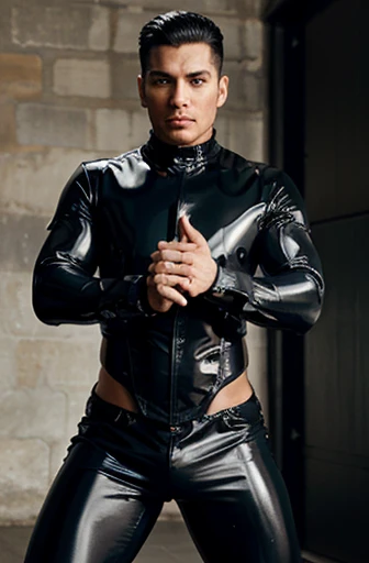 Handsome Latin Man Glamor Modern Fashion FUTURISTIC Fashion Black Clothing in Athletic Sexy LATEX pop Star Chest ARMOR medieval ACRYLIC LATEX. FABRICA GOTCA tight pants highlighting the muscles. futuristic goths.