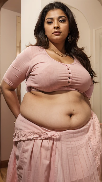 Fat indian aunty, big fleshy belly, pink blouse, white skirt, big fat legs
