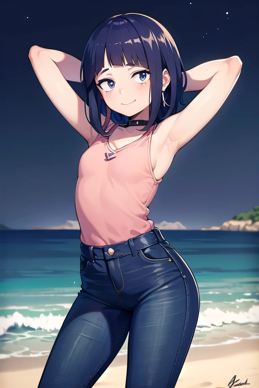 masterpiece, best quality, 1girl, pink shirt, black jeans, jirou, looking at viewer, solo, contrapposto, spread armpit, arms behind head, smile, looking at viewer, (cowboy shot:1.5), closed mouth, night sky, beach, anime coloring, flat chest,