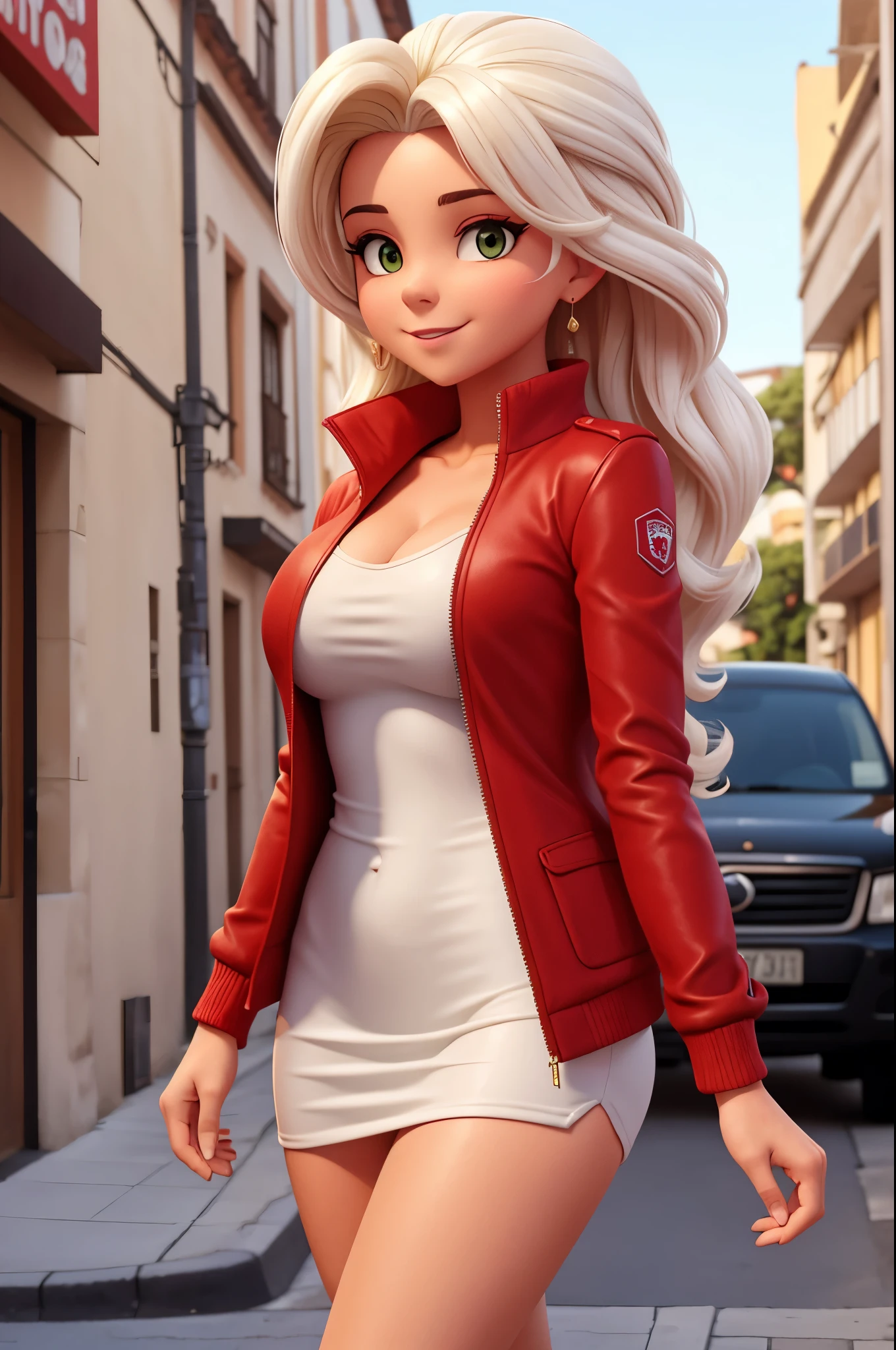 Uma garota sexy, de cabelo LOIRO, She's in town, and is wearing an open red jacket over a WHITE BODY