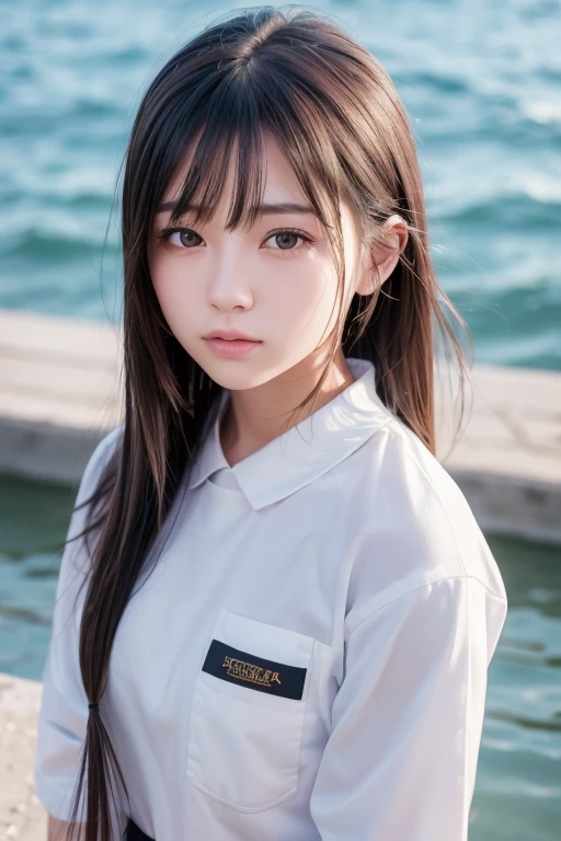 ((SFW: 1.4)),((Detailed face, Professional photography)), ((SFW, construction worker clothing, Bring your hair back, 1 girl)), Ultra-high resolution, (Realistic: 1.4), RAW Photos, highest quality, (PhotoRealistic Stick), concentrated, Soft Light, ((１６age)), ((Japanese)), (( (Young Face))), (surface), (Depth of written boundary), masterpiece, (Realistic), woman, bangs, ((1 girl)),Japanese,Occult Image,Monochromatic clothing,The upper half of the body is visible from the water&#39;s edge.