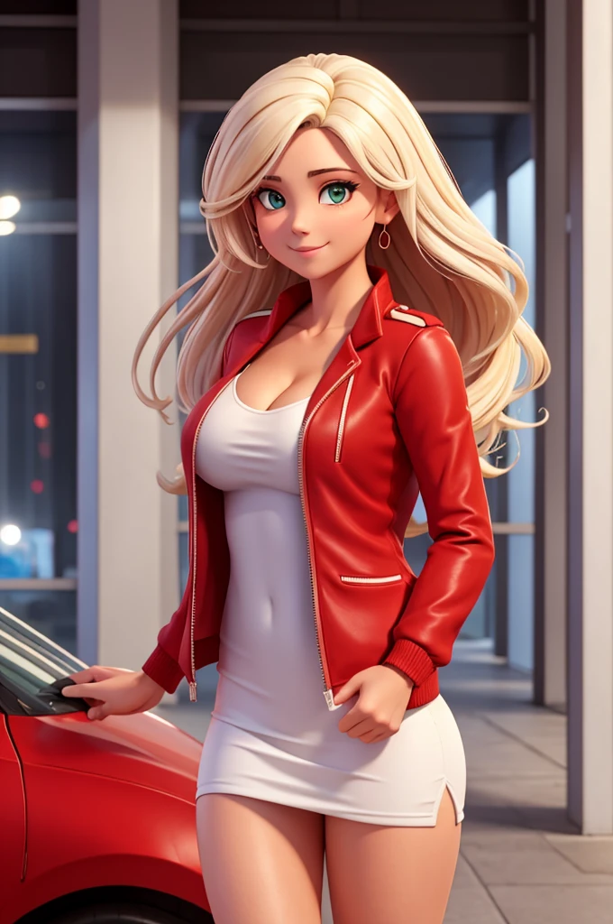 Uma garota sexy, de cabelo LOIRO, She's in town, and is wearing an open red jacket over a WHITE BODY