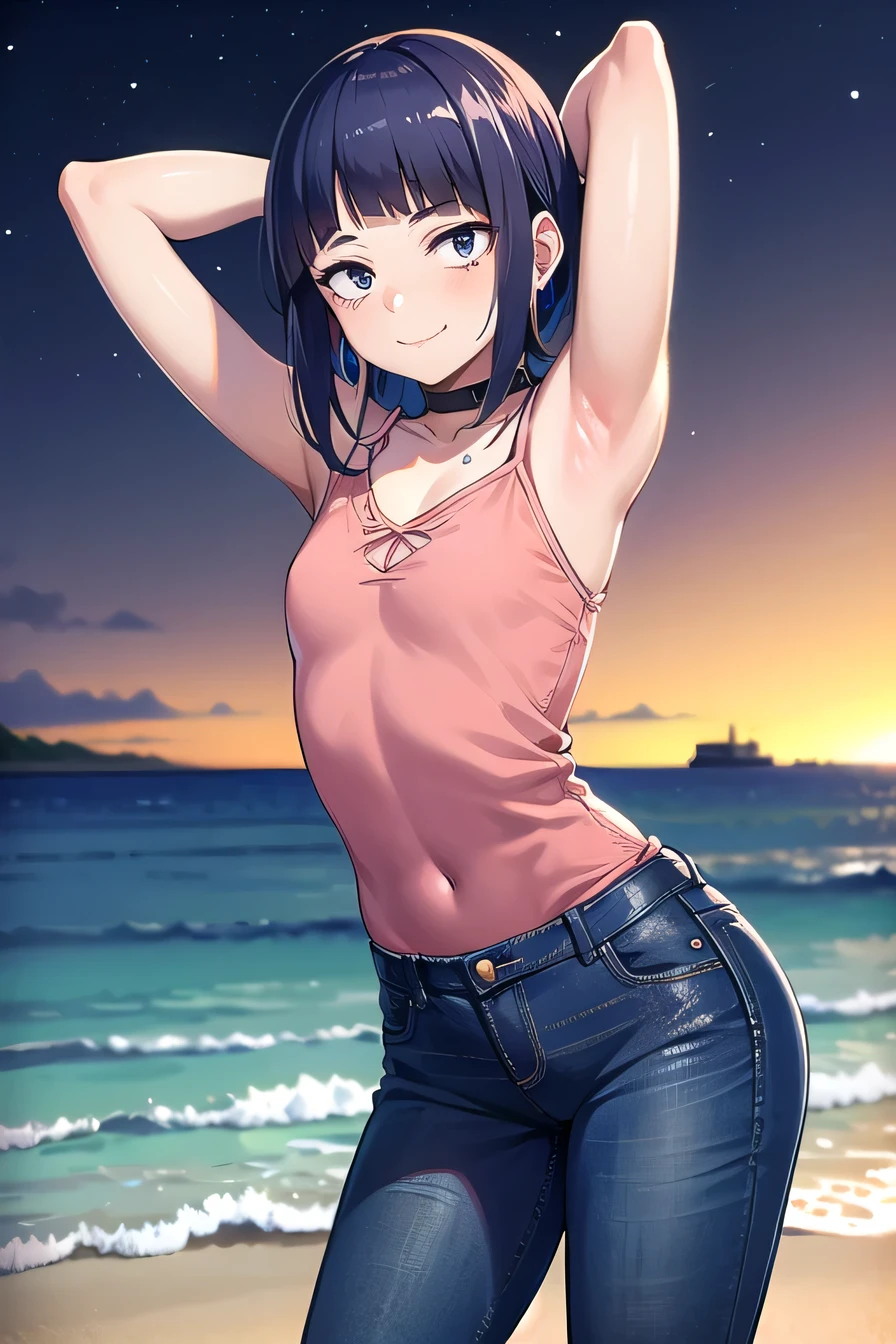 masterpiece, best quality, 1girl, pink shirt, black jeans, jirou, looking at viewer, solo, contrapposto, spread armpit, arms behind head, smile, looking at viewer, (cowboy shot:1.5), closed mouth, night sky, beach, anime coloring, flat chest,