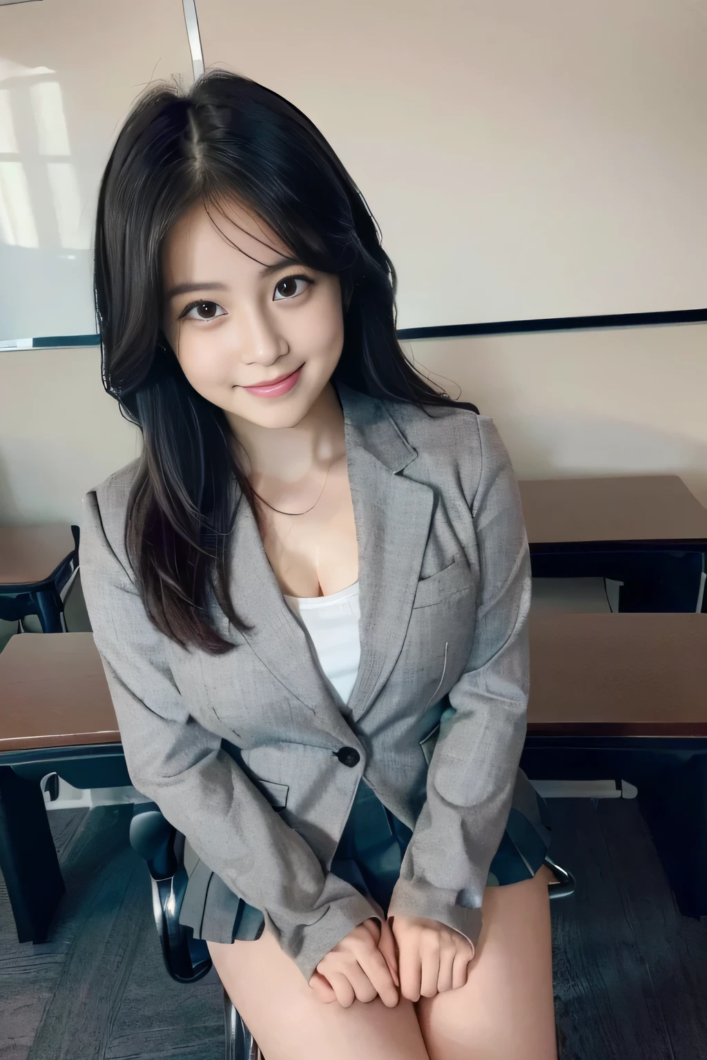 Anime, Realistic female anime style, (aegyo sal: 1), 18 years old girl, (Grey Blazer, tape, Foldable mini skirt, sox, Private School Uniforms: 1.2), Secondary Classroom, Beautiful details of the eye, (Eye size: 3/4) Facial light, ((fully body photo: 1.2)), especially strong light, (Upper eye, a smile: 1.2), glistning skin, (((A dark-haired, Cabello Bob: 1.2))), (thick thight), ulzzang -6500-v1.1: 0.2, bashful, (The Flash: 1.2), NSFW , (swollen), ((enchanting posture: 1.2, good-looking: 1.2)), (inactive), (sitting on a desk in a classroom: 1.2)), ((Good anatomy: 1.2)), ((Bright and refreshing classroom, blured background: 1.2)), face perfect, Cute and symmetrical face, (high-angle shot: 1.2)S., Natural side lighting, ((8K, Photo Raw, Superior Quality, masterpiece), high definition RAW color photos professional close-up photos, (realist, rendered: 1.37), (Highest Quality), (better shadows), (The best illustrations), clavicle ((The large)), ((Erotic, Sexy, 超A high resolution, 8K HD unified CG wallpaper, Physical performance, Movie Lighting), Canon EOS R50 Camera 50mm Lens