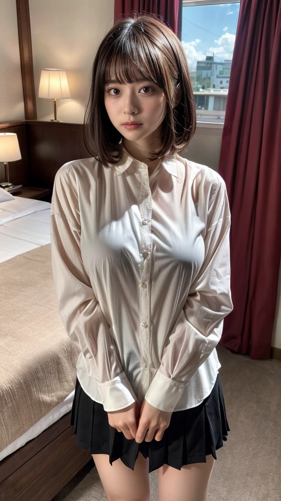 masterpiece, best quality, illustration, Super detailed, fine details, High resolution, 8K,wall paper, perfect dynamic composition,(Details High quality, realistic depiction of eyes:1.3), short bob hair, (Oversized_Shirt:1.2)、Oversized_Shirt, ((facing viewer)), hotel room, Layered Cut, black hair color, Big Natural Color Lip, sexy pose, crying a little、cold gaze, Harajuku style、20 year old girl、cute type、lolita, hposing Gravure Idol, full body photo, huge breasts