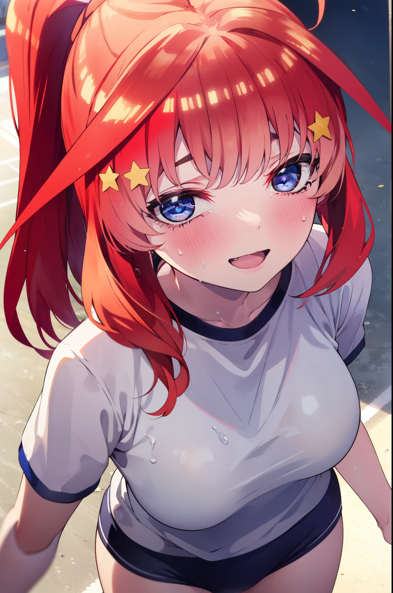itsukinakano, Itsuki Nakano, bangs, blue eyes, Hair between the eyes, Ahoge, Redhead, star \(symbol\), hair ornaments, star hair ornaments,ponytail, smile, happy smile, smile, Open your mouth,Big Breasts,smile,Sweat,Wet Skin,Wet clothes,Sportswear,Bloomers,sneakers,whole bodyがイラストに入るように,running,Looking up from below,
break outdoors ,School,グラウンド
break looking at viewer, whole body,(Cowboy Shot:1. 5) ,
break (masterpiece:1.2), highest quality, High resolution, unity 8k wallpaper, (shape:0.8), (Beautiful details:1.6), Highly detailed face, Perfect lighting, Extremely detailed CG, (Perfect hands, Perfect Anatomy),
