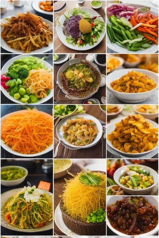 ((best quality)), ((masterpiece)), (detailed), perf
Display of various mouth-watering dishes, including a traditional tumpeng rice cone, a variety of side dishes, fresh vegetables, and fruits.ect face