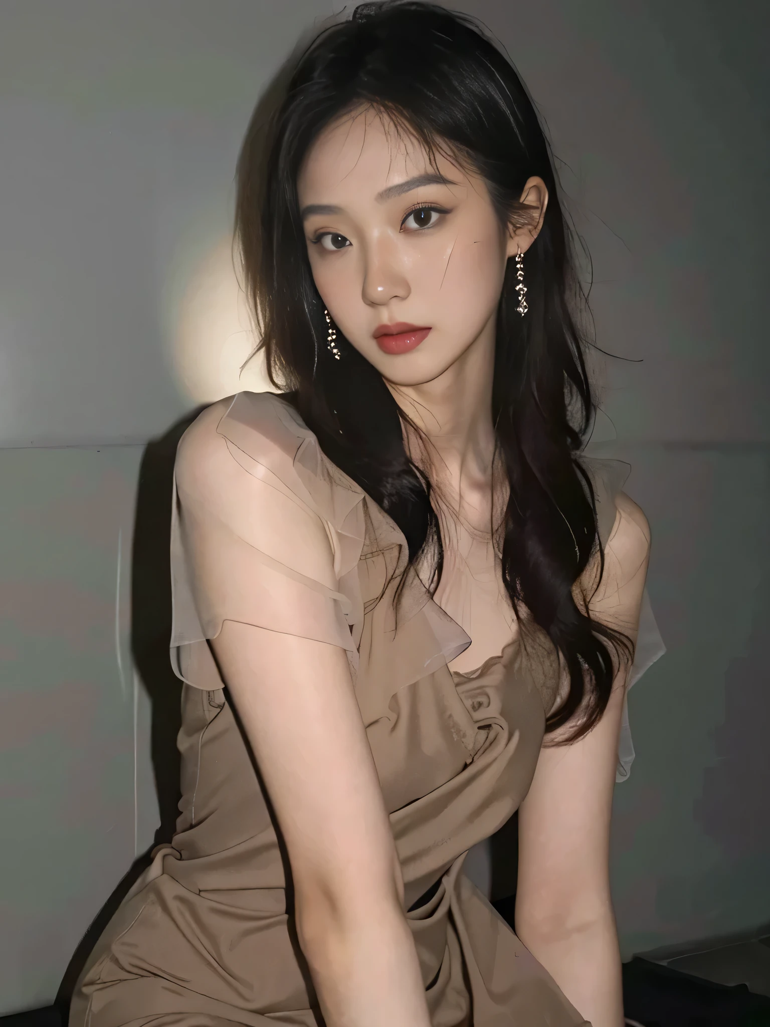(((best quality))),(((ultra detailed))),(((masterpiece))),illustration,(a stunning girl,solo),(shoulder length straight hair:1.2),((earrings,necklace)),((slim,thin)),((small breasts,flat chest)),(slender legs:1.2),(nude pantyhose:1.3),(loafers:1.2),(standing:1.3), ((awkwardly,painful,embarrassed)),(In modern high-speed railway carriages:1.3),(white dress splattered with red paint stains:1.3),(surrounded by crowded crowds:1.3),((from front,full body)),(arms behind back:1.3)