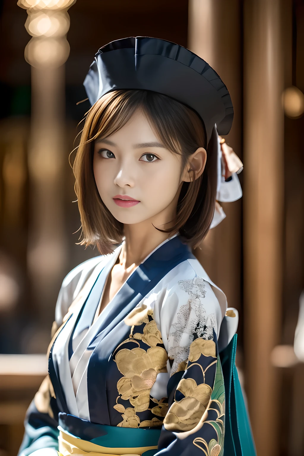 (Masterpiece:1.3), (8K), (Best Quality:1.4), (UHD:1.2), (Photorealistic:1.3), (Raw Photography), (1girl), (Ultra High Detailed), (Detailed face), very perfect beautiful and cute face, (Detailed hair), Beautiful hair, bangs, (symmetrical eyes:1.3), (Detailed eyes), (Detailed skin), Realistic skin, Ultra high definition, (slim figure), (super model figure), 27yo, (Layered haircut:1.3),
( wearing a Kimono style maid outfit:1.5, apron, brim, thick fabrics:1.5, couture:1.3, Inspired by Christian Dior:1.3 ), In the Imperial Household