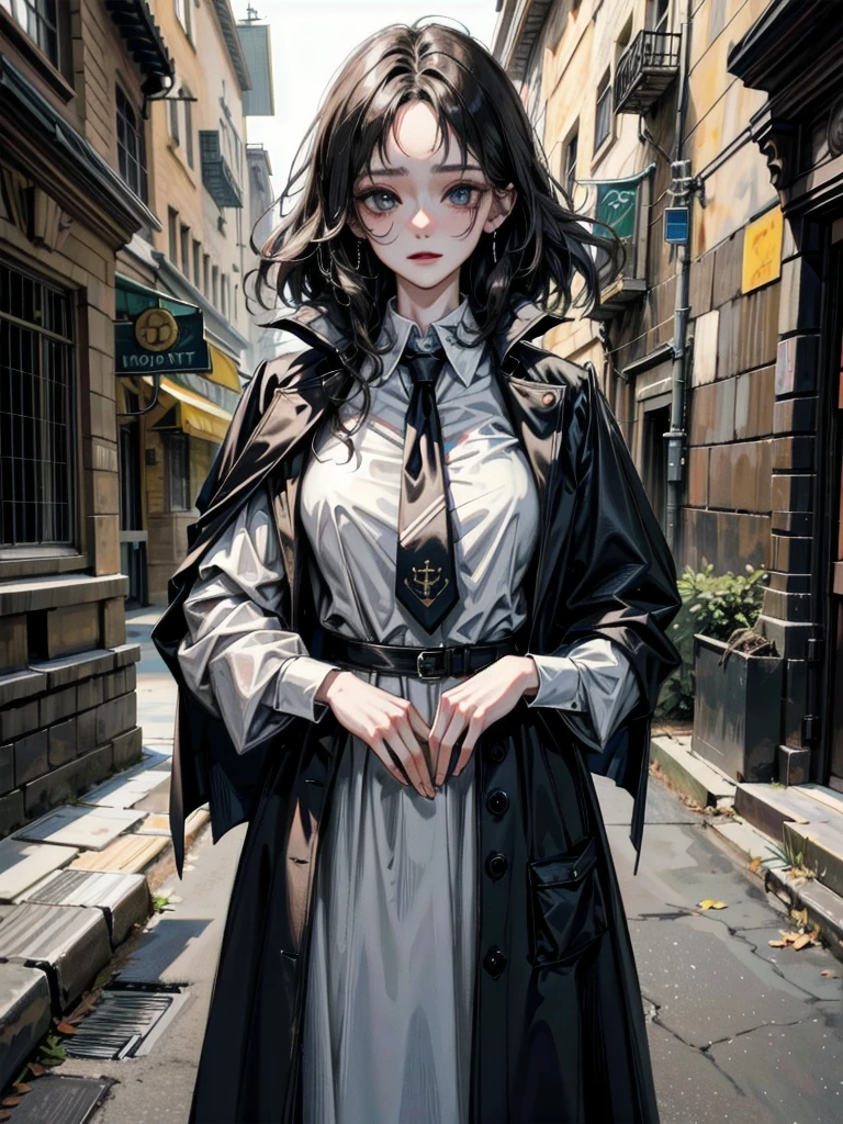 outdoor, hogwarts teacher, necktie, cloak, absurdres, RAW photo, extremely delicate and beautiful, masterpiece, Best Quality, ultra high resolution, 32k, hyperrealistic, ultra-detailed, perfect figure, perfect shape, detailed description, pale skin, 20 years old, detailed beautiful face and eyes, tearful mole, earring, short medium hair, wavy hair, black hair, big tits,