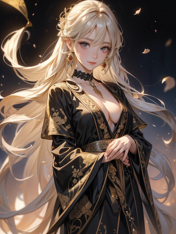 (8k, RAW Photos, highest quality, masterpiece:1.2), (Realistic, photo-Realistic:1.37)、Holding a tarot card in hand,Earrings, eyelash, pantyhose、セクシーな刺激的なsmile、 (Shiny skin:1.05)、Background Blur((Depth of written boundary))、、Long Hair、My hair is wavy、A 23-year-old Japanese woman of unparalleled beauty、black eye、Dark Blonde、Hair is wavy、Long Hair、The ends of the hair are curled upwards、She is a fortune teller.、smile、She is wearing a black lace choker. A flurry of petal petals is falling.、background art nouveau(Malt Vert))