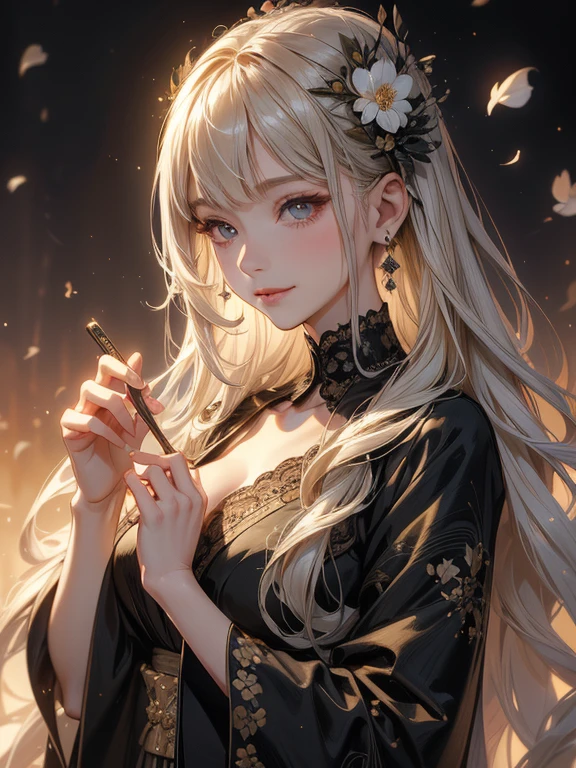 (8k, RAW Photos, highest quality, masterpiece:1.2), (Realistic, photo-Realistic:1.37)、Holding a tarot card in hand,Earrings, eyelash, pantyhose、セクシーな刺激的なsmile、 (Shiny skin:1.05)、Background Blur((Depth of written boundary))、、Long Hair、My hair is wavy、A 23-year-old Japanese woman of unparalleled beauty、black eye、Dark Blonde、Hair is wavy、Long Hair、The ends of the hair are curled upwards、She is a fortune teller.、smile、She is wearing a black lace choker. A flurry of petal petals is falling.、background art nouveau(Malt Vert))
