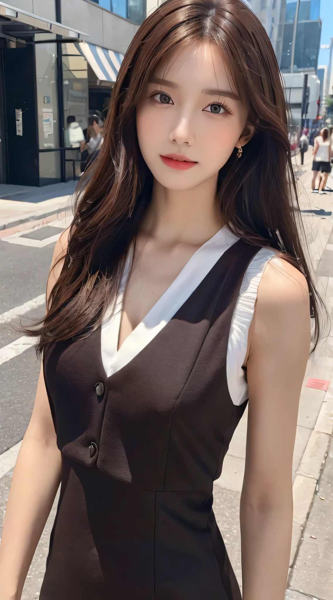 ((best quality, 8K, masterpiece :1.3)), whole body, Clear focus: 1.2, Perfect body beauty: 1.4, Slim abs: 1.2, ((Dark brown hair, : 1.2)), Vest Dress: 1.1, (street: 1.1), Highly detailed face and skin textures, Delicateeyes, Double eyelids