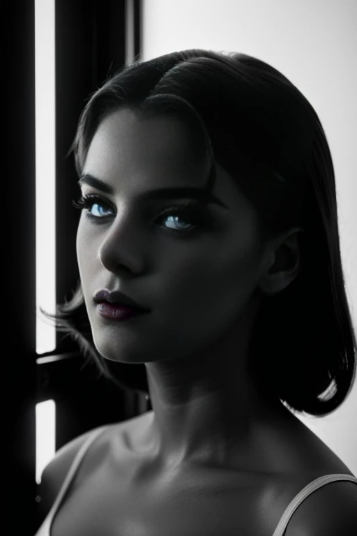 (((Photo noire et blanc))), film noir style, Maginifique, 1fille, Seulement, portrait, Dramatic lighting, high contrast, ombres dramatiques, 80s style, Mysterious, cinematic, cheveux longs, (bright red gloss lipstick, bright light red gloss lipstick , intense electric blue detailed eyes, peau blanche, tout le reste en noir et blanc, photo B&W, Photo noire et blanc, high contrast)