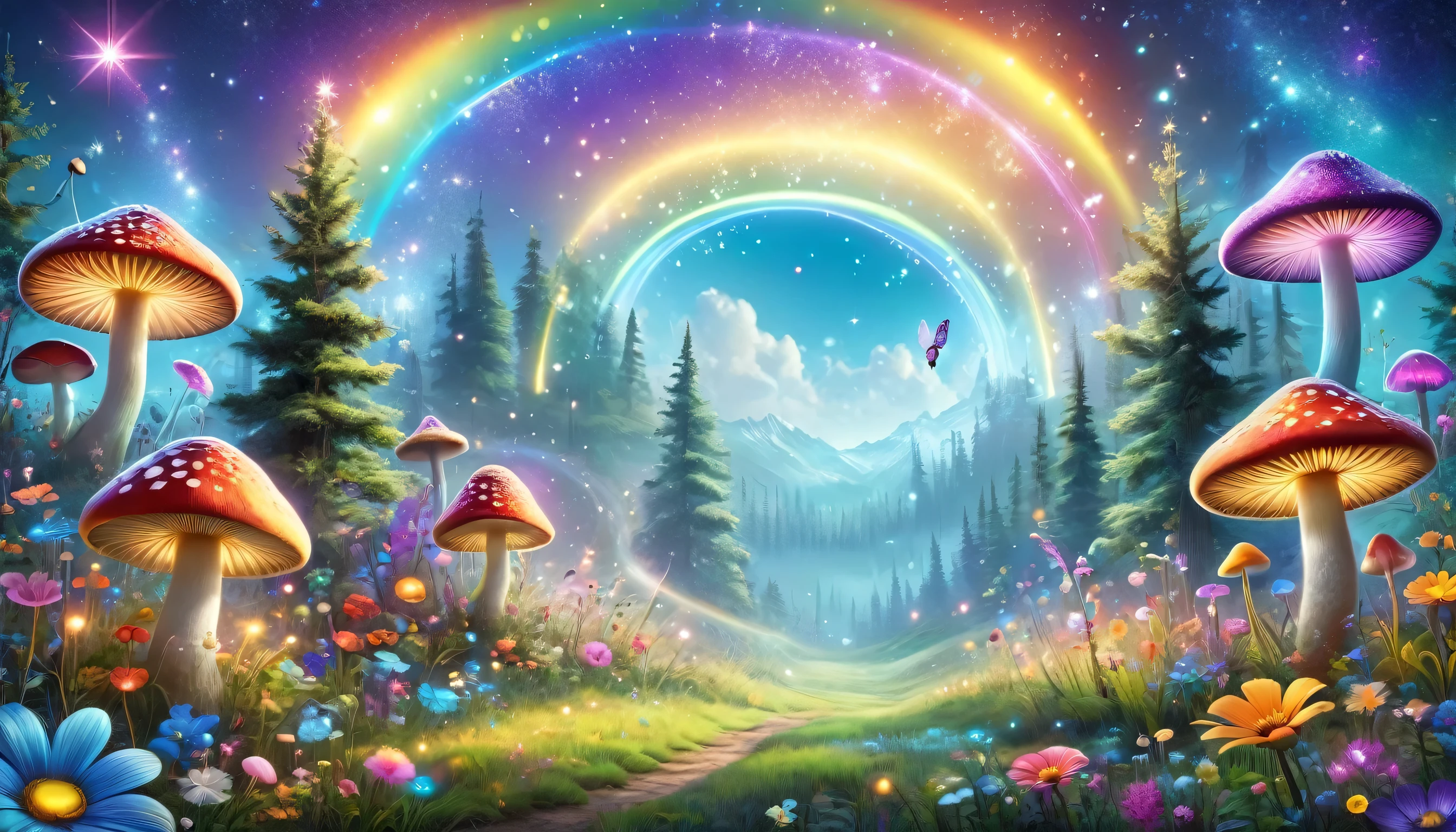 Create a colorful and enchanting scene featuring through a rainbow meadow, surrounded by radiant flowers and magical small mushrooms. Include whimsical details like twinkling stars, cheerful butterflies, and friendly forest creatures to captivate kids."