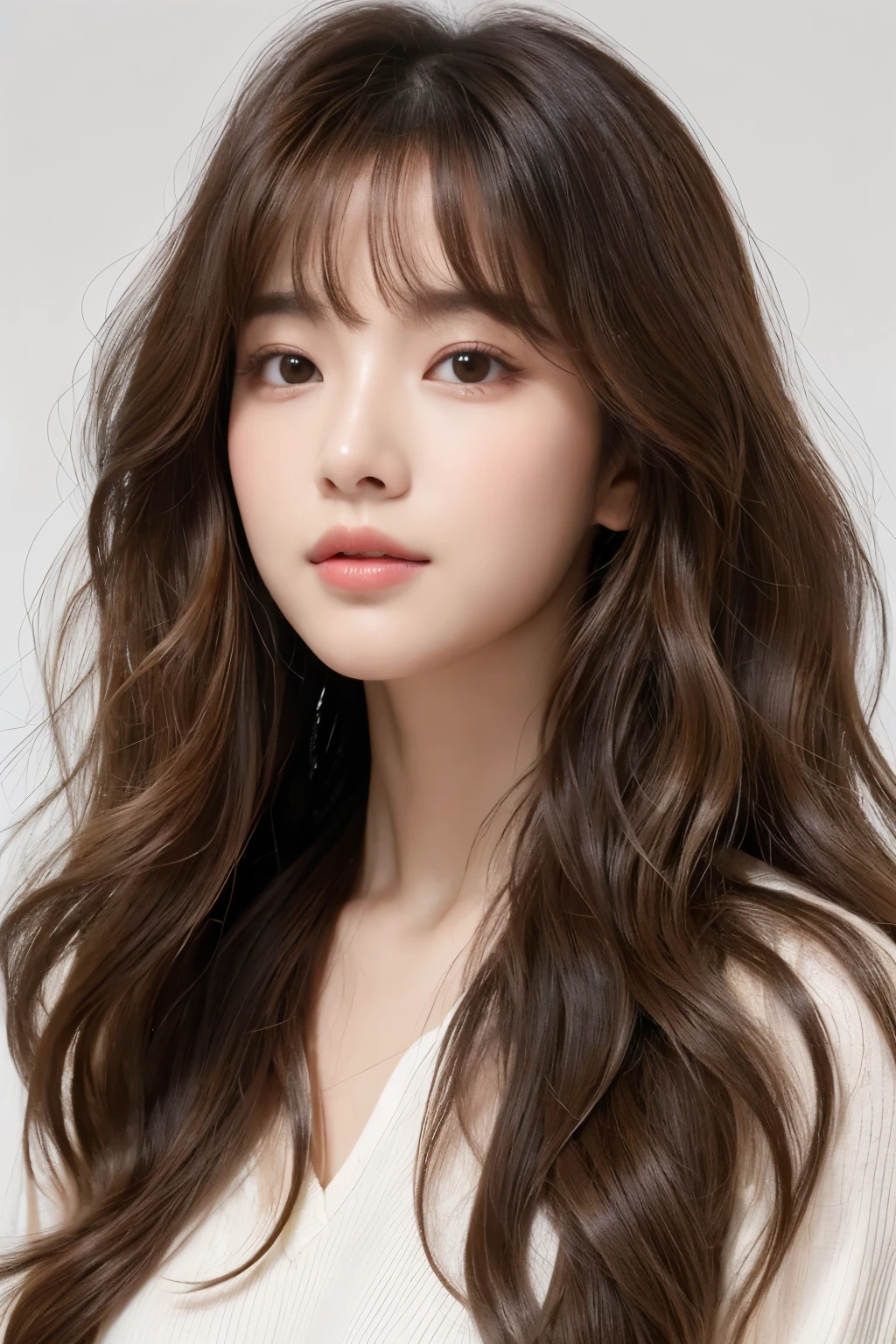 realistic light,natural light,white background,top quality、8 thousand、32,000、masterpiece、UHD:1.2)、photo of korean woman,small eyes,코리안 hippie perm헤어、dark brown hair、upper part of the body、from above、wavy hair,profile,long hair,pair of,wet hair,good hair,multi-layered hair,layer cut hair,perm hair,wave perm,Jelly perm,hippie perm,wavy hair,Abundant hair,wave wave