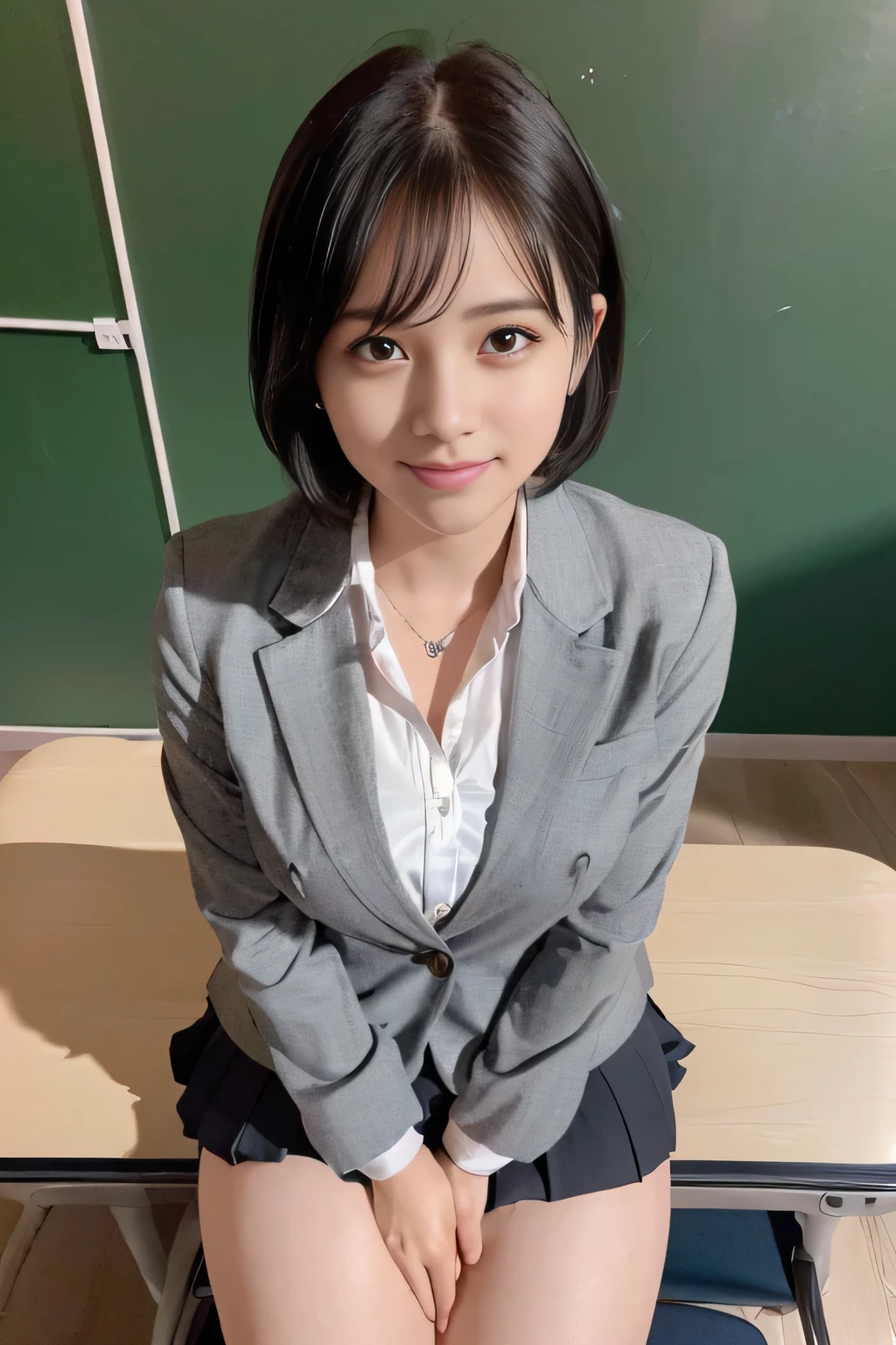 Anime, Realistic female anime style, (aegyo sal: 1), 18 years old girl, (Grey Blazer, tape, Foldable mini skirt, sox, Private School Uniforms: 1.2), Secondary Classroom, Beautiful details of the eye, (Eye size: 3/4) Facial light, ((fully body photo: 1.2)), especially strong light, (Upper eye, a smile: 1.2), glistning skin, (((A dark-haired, Cabello Bob: 1.2))), (thick thight), ulzzang -6500-v1.1: 0.2, bashful, (The Flash: 1.2), NSFW , (swollen), ((enchanting posture: 1.2, good-looking: 1.2)), (inactive), (sitting on a desk in a classroom: 1.2)), ((Good anatomy: 1.2)), ((Bright and refreshing classroom, blured background: 1.2)), face perfect, Cute and symmetrical face, (high-angle shot: 1.2)S., Natural side lighting, ((8K, Photo Raw, Superior Quality, masterpiece), high definition RAW color photos professional close-up photos, (realist, rendered: 1.37), (Highest Quality), (better shadows), (The best illustrations), clavicle ((The large)), ((Erotic, Sexy, 超A high resolution, 8K HD unified CG wallpaper, Physical performance, Movie Lighting), Canon EOS R50 Camera 50mm Lens