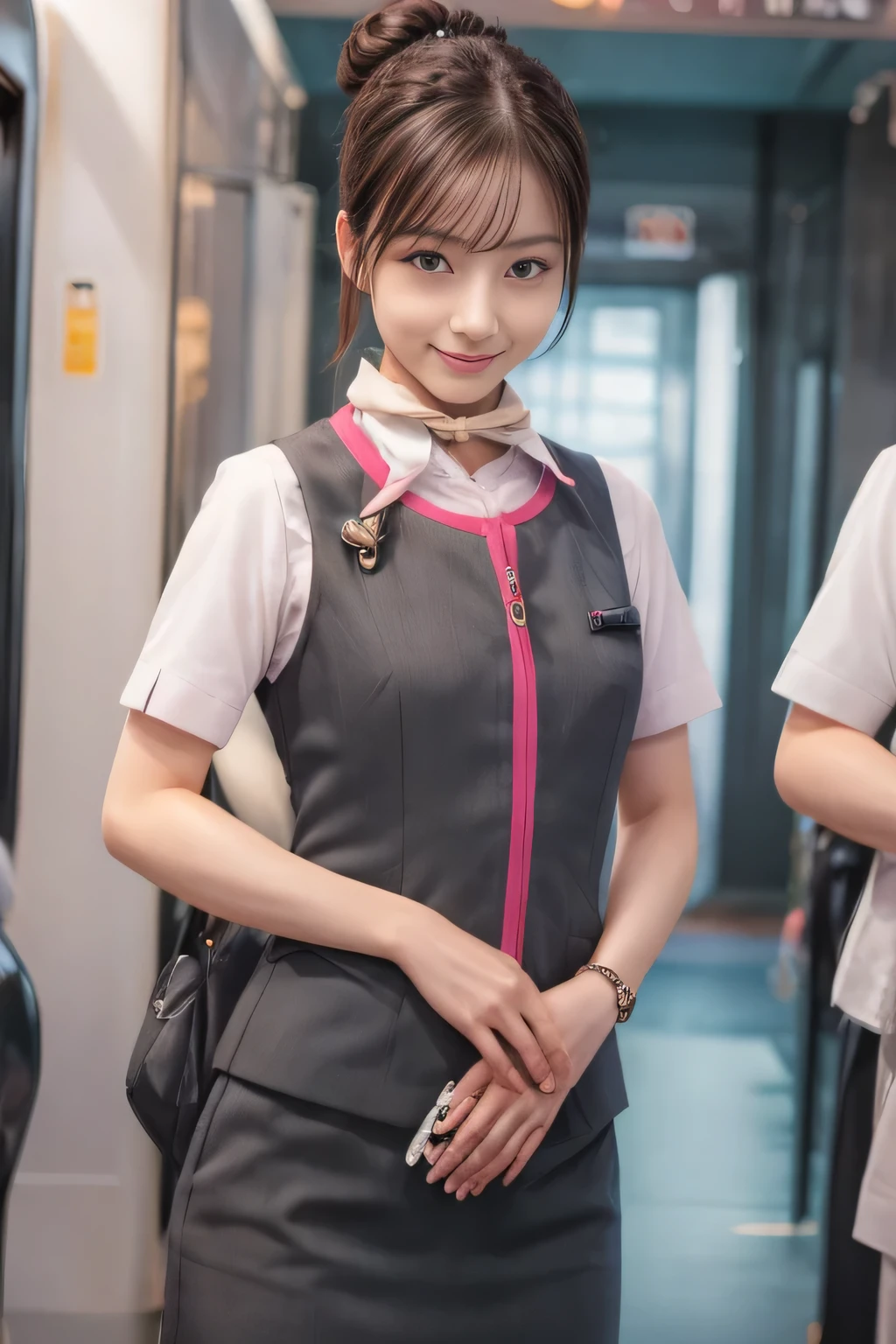 (masterpiece:1.2, highest quality:1.2), 32K HDR, High resolution, (alone、1 girl)、（At the station platform、Professional Lighting）、Station Background、（Realistic style wearing JR GranClass attendant uniform）、Blouse with short sleeves、Scarf around the neck、（JR GranClass attendant uniform with pink parts on the sleeves of the skirt）、（JR GranClass attendant uniform with pink stripes on the vest）、Dark brown hair、（Hair tied up、Bun Hair、Chignon）、Dark brown hair、Long Shot、Big Breasts、（（Fine hand：2.0）），（（Harmonious body proportions：1.5）），（（Normal limbs：2.0）），（（Normal finger：2.0）），（（Delicate eyes：2.0）），（（Normal eyes：2.0））)、Luxury Necklace、smile、Beautiful standing posture,Place your hands around your stomach