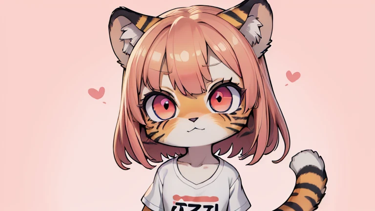 (obra maestra, Alta calidad, mejor calidad, 8K, high resolution), ((estilo chibii, Chibi lindo)), (solo, 1 girl), {Tiger Girl, cara de tigre, 2 colmillos, long eyelashes, delineador de ojos} {bigotes de tigre}, (((Piel de tigre por todo el cuerpo., Rayas de tigre en el cuerpo.))), (pelo naranja), cabello corto, Pinza para el cabello, [[Pinza para el cabello white flower on hair]], ((Muy feliz)), ((boca abierta)), ojos naranjas, [pupilas negras], ((buscando)), (very small breasts), brazos delgados, (un brazo arriba, un brazo hacia abajo), axilas, ((mini camiseta rosa, camiseta rosa completa)), {shorts blancos}, {{{mini cola de tigre, Cola en la espalda}}}, (cuerpo completo), (((de pie, jump angle))), dynamic pose, Fondo blanco, fondo sencillo, ((((Estilo Tora-chan no Hanayome)))), (old anime style 40s), estilo animado, anime color.