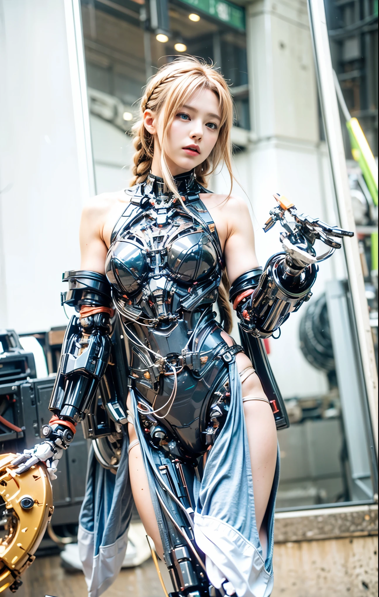 (masterpiece, best quality:1.2), (8k uhd, 16k, 32k, ultra high res), movie,official art, promotional art, movie wallpaper, extremely detailed CG unity 4k wallpaper, ultimately intricate details, white background, full body, concept art, production art, (Mechanical components:1.5),(mechanical prosthesis:1.5), mechanical metal wings, highres, (realistic, photo-realistic:1.2), physically-based rendering, machinery, reflection, realistic, cyberpunk, symmetric front view close up head shot eyes symmetry face very sharp focus realistic award winning matte drawing cinematic lighting 1girl, robot, slim, fair skin,delicate face, tights,shine, Bodysuit, (red short hair),green eyes, laboratory, chip, shine,braid