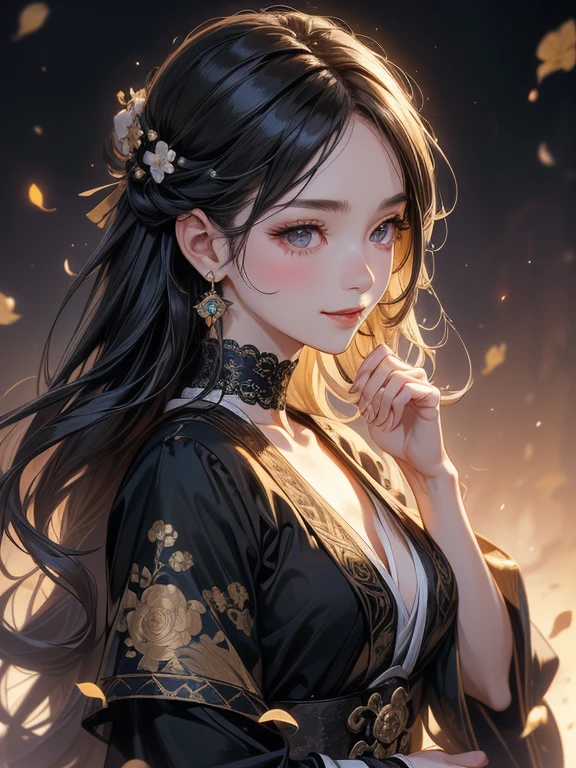 (8k, RAW Photos, highest quality, masterpiece:1.2), (Realistic, photo-Realistic:1.37)、Holding a tarot card in hand,Earrings, eyelash, pantyhose、セクシーな刺激的なsmile、 (Shiny skin:1.05)、Background Blur((Depth of written boundary))、、Long Hair、My hair is wavy、A 23-year-old Japanese woman of unparalleled beauty、black eye、Black Hair、Hair is wavy、Long Hair、The ends of the hair are curled upwards、She is a fortune teller.、smile、She is wearing a black lace choker. A flurry of petal petals is falling.、background art nouveau(Malt Vert))