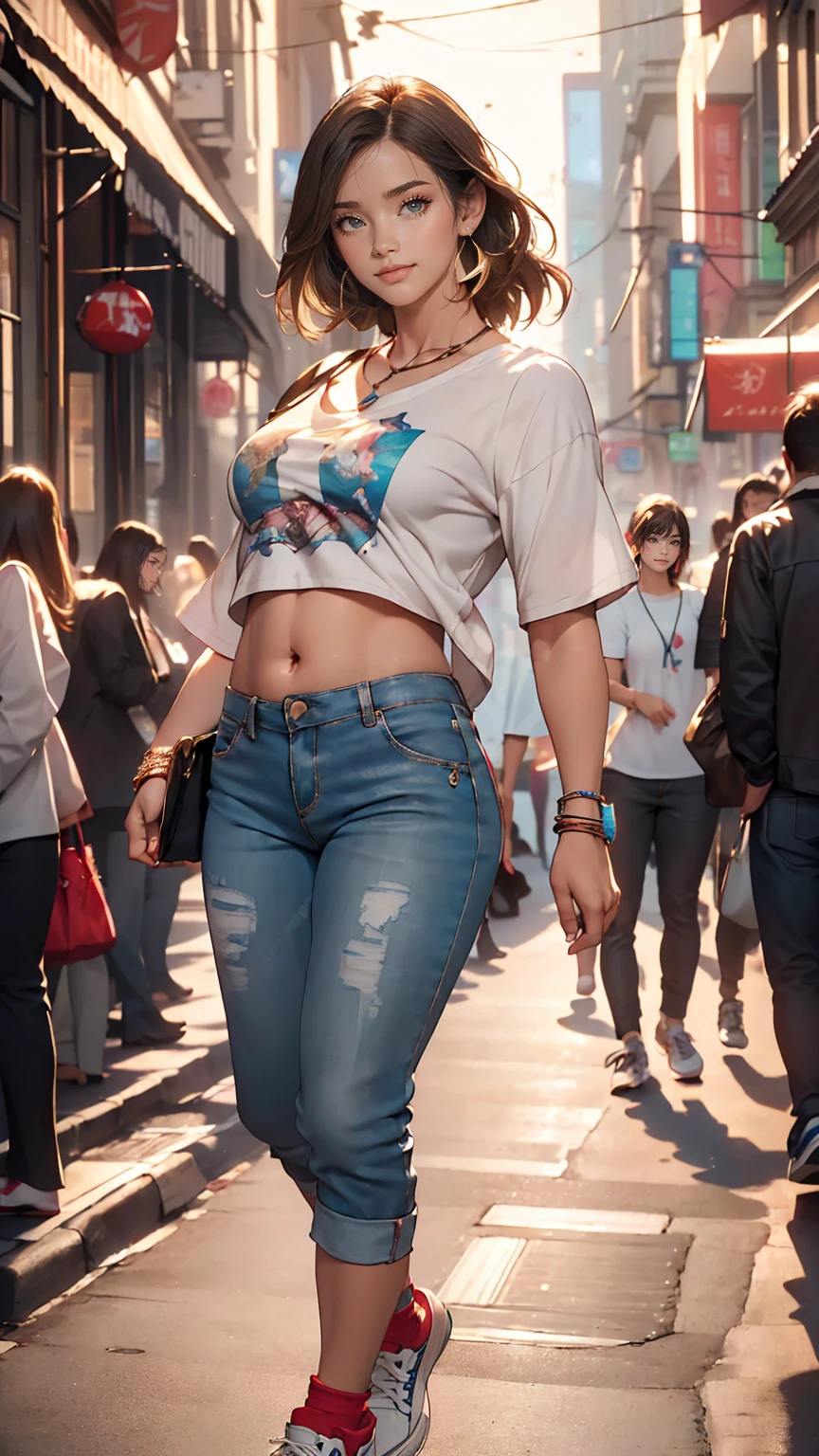 (8K, RAW Photos, highest quality, masterpiece:1.2), (Realistic, photo-Realistic:1.37)、Earrings, eyelash, pantyhose、セクシーな刺激的なsmile、 (Shiny skin:1.05)、Venus Body、Sexy proportions、Having her hair done、My chest is popping out、Wear accessories on your wrist、Wearing accessories on the ankle、Background blur((depth of field)、smile、23 year old white female、Brunette、long hair、blue eyes、Sheer underboob top((underboob top))Wear tops、Wear sheer, low-rise skinny jeans、Have a clutch bag、Skyscraper background、Chest pop、垂れ方がRealistic乳房