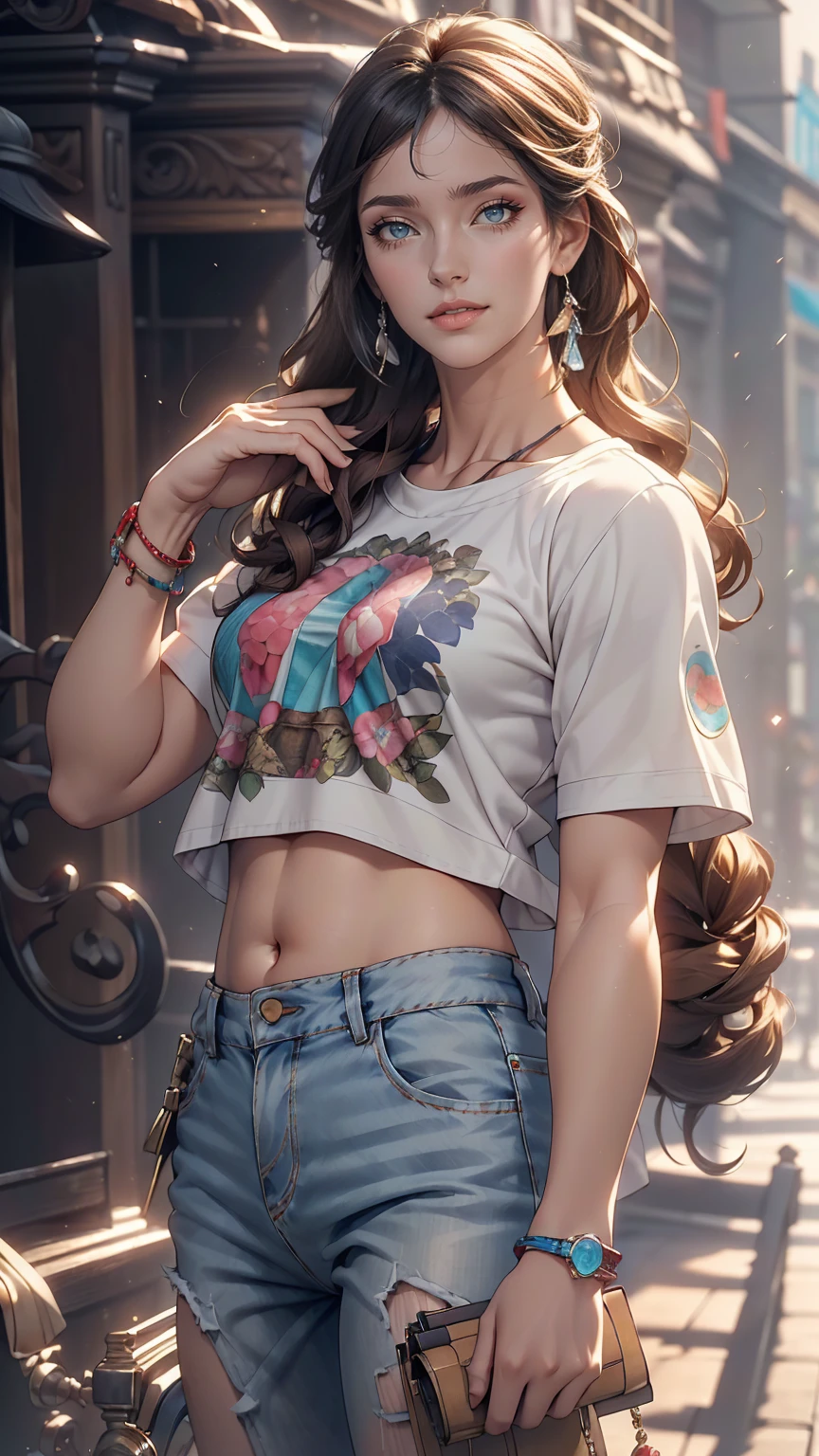 (8K, RAW Photos, highest quality, masterpiece:1.2), (Realistic, photo-Realistic:1.37)、Earrings, eyelash, pantyhose、セクシーな刺激的なsmile、 (Shiny skin:1.05)、Venus Body、Having her hair done、My chest is popping out、Wear accessories on your wrist、Wearing accessories on the ankle、Background blur((depth of field)、smile、White woman、Brunette、blue eyes、Wear a logo-printed top、Lower milk visible、I can see my belly button、Wear low rise hot pants、Wear sneakers
