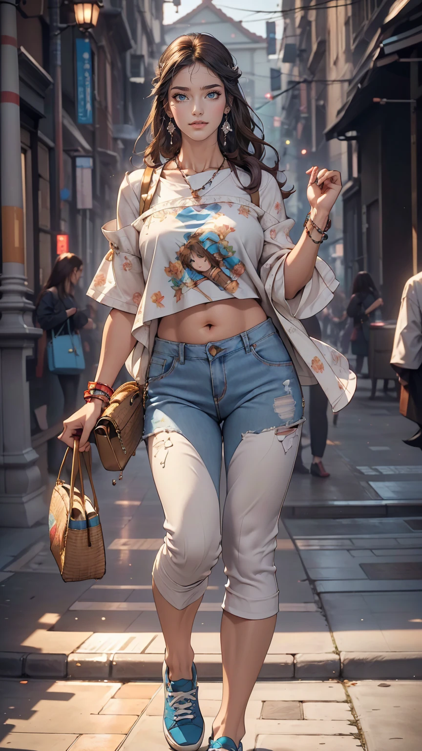 (8K, RAW Photos, highest quality, masterpiece:1.2), (Realistic, photo-Realistic:1.37)、Earrings, eyelash, pantyhose、セクシーな刺激的なsmile、 (Shiny skin:1.05)、Venus Body、Having her hair done、My chest is popping out、Wear accessories on your wrist、Wearing accessories on the ankle、Background blur((depth of field)、smile、White woman、Brunette、blue eyes、Wear a logo-printed top、Lower milk visible、I can see my belly button、Wear low rise hot pants、Wear sneakers