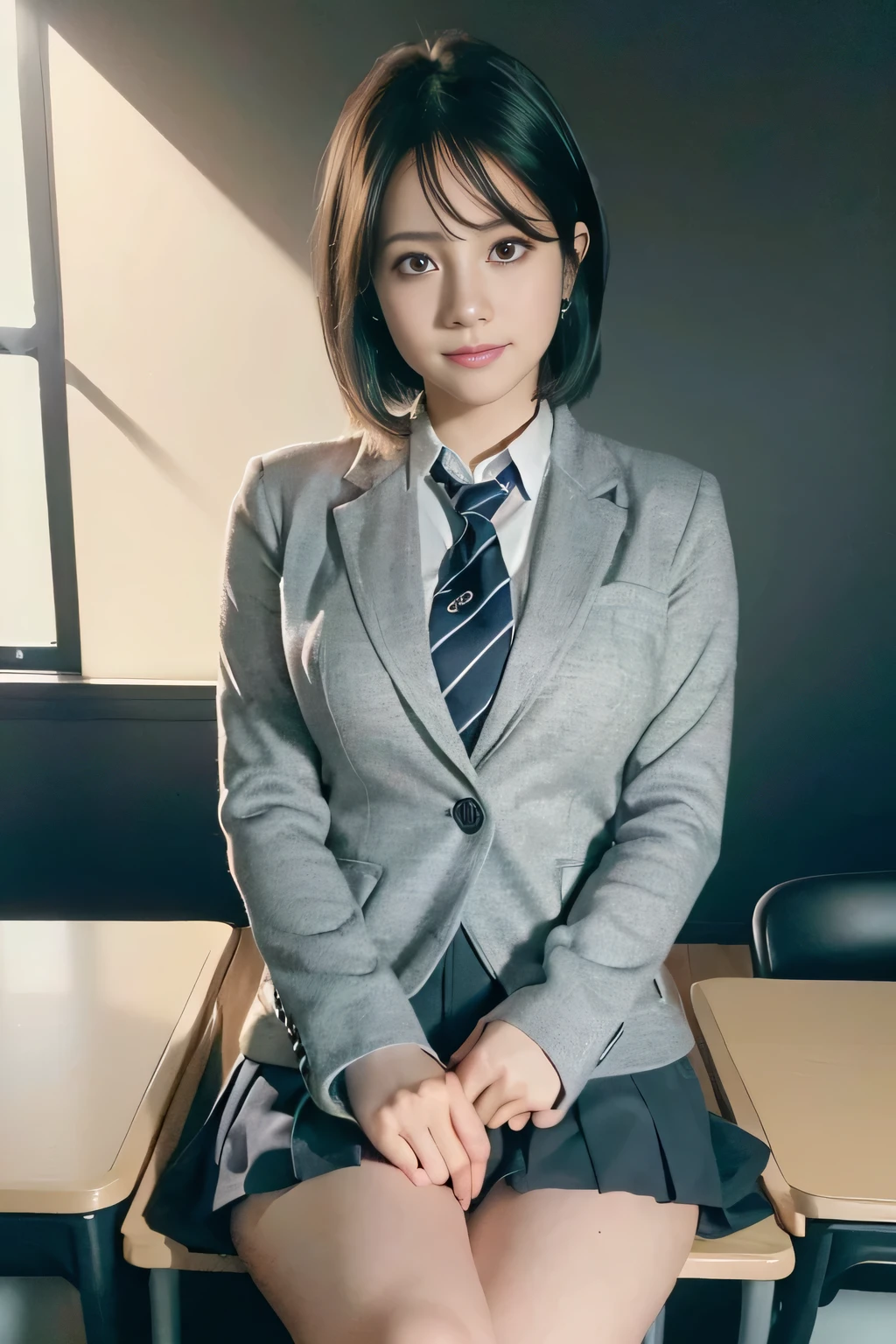 Anime, Realistic female anime style, (aegyo sal: 1), 18 years old girl, (Grey Blazer, tape, Foldable mini skirt, sox, Private School Uniforms: 1.2), Secondary Classroom, Beautiful details of the eye, (Eye size: 3/4) Facial light, ((fully body photo: 1.2)), especially strong light, (Upper eye, a smile: 1.2), glistning skin, (((A dark-haired, Cabello Bob: 1.2))), (thick thight), ulzzang -6500-v1.1: 0.2, bashful, (The Flash: 1.2), NSFW , (swollen), ((enchanting posture: 1.2, good-looking: 1.2)), (inactive), (sitting on a desk in a classroom: 1.2)), ((Good anatomy: 1.2)), ((Bright and refreshing classroom, blured background: 1.2)), face perfect, Cute and symmetrical face, (high-angle shot: 1.2)S., Natural side lighting, ((8K, Photo Raw, Superior Quality, masterpiece), high definition RAW color photos professional close-up photos, (realist, rendered: 1.37), (Highest Quality), (better shadows), (The best illustrations), clavicle ((The large)), ((Erotic, Sexy, 超A high resolution, 8K HD unified CG wallpaper, Physical performance, Movie Lighting), Canon EOS R50 Camera 50mm Lens