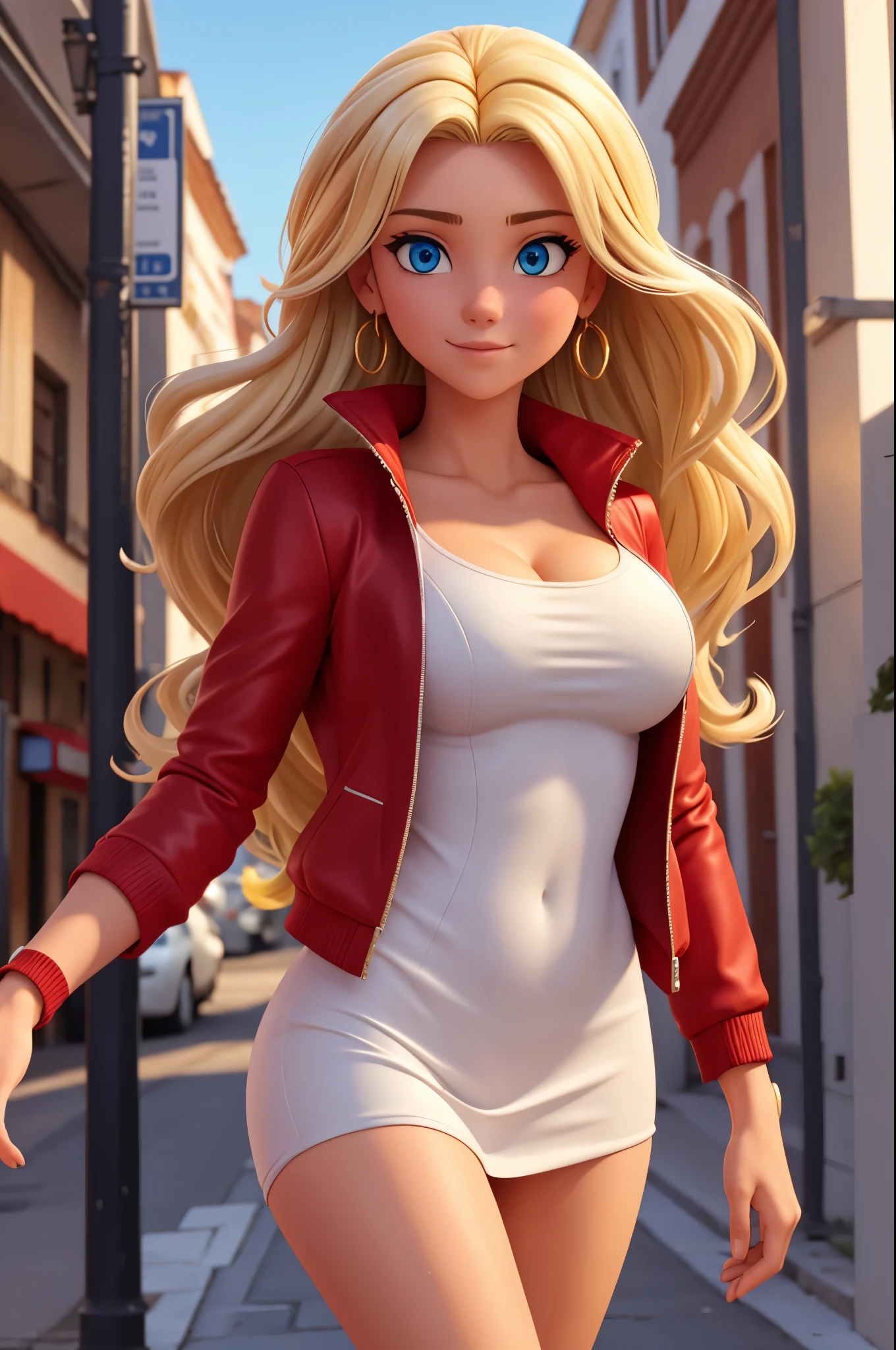 Uma garota sexy, de cabelo LOIRO, She's in town, and is wearing an open red jacket over a WHITE BODY, Blonde, blue eyes