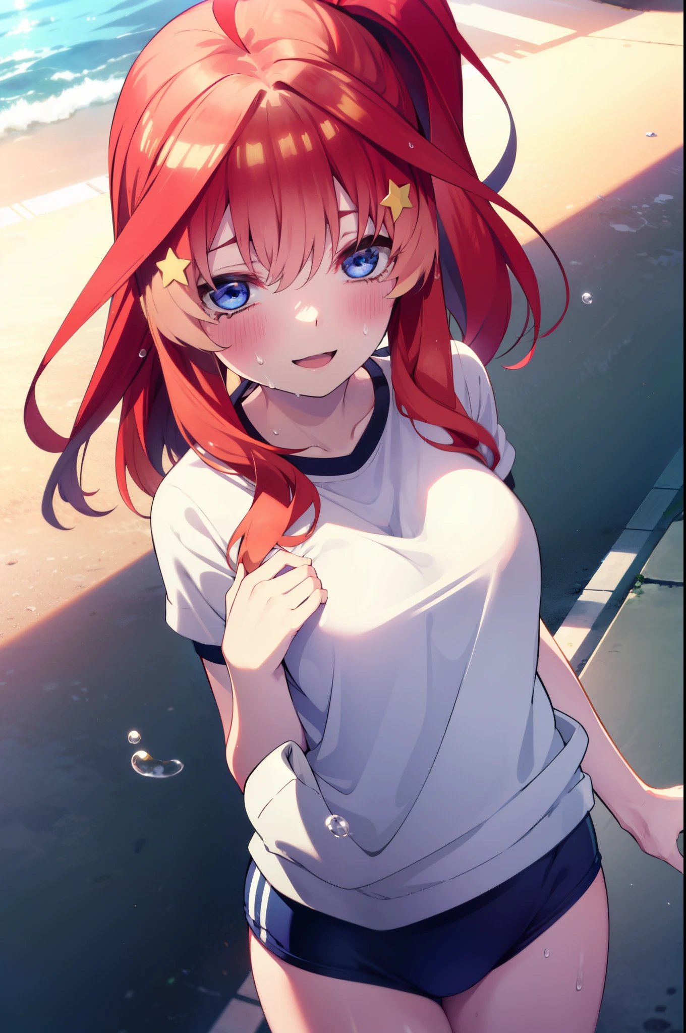 itsukinakano, Itsuki Nakano, bangs, blue eyes, Hair between the eyes, Ahoge, Redhead, star \(symbol\), hair ornaments, star hair ornaments,ponytail, smile, happy smile, smile, Open your mouth,Big Breasts,smile,Sweat,Wet Skin,Wet clothes,Sportswear,Bloomers,sneakers,whole bodyがイラストに入るように,running,Looking up from below,
break outdoors ,School,グラウンド
break looking at viewer, whole body,(Cowboy Shot:1. 5) ,
break (masterpiece:1.2), highest quality, High resolution, unity 8k wallpaper, (shape:0.8), (Beautiful details:1.6), Highly detailed face, Perfect lighting, Extremely detailed CG, (Perfect hands, Perfect Anatomy),