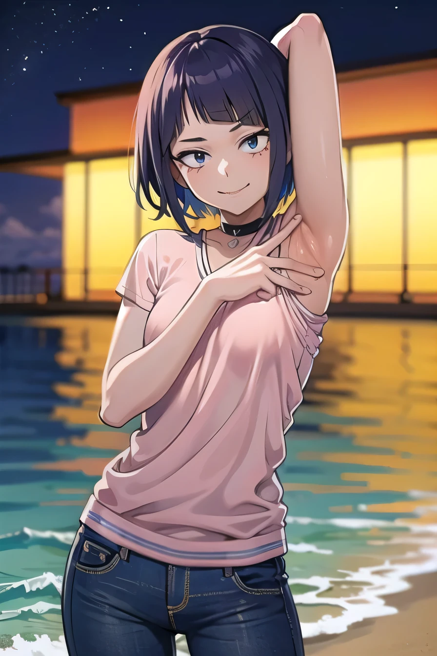 masterpiece, best quality, 1girl, pink shirt, black jeans, jirou, looking at viewer, solo, contrapposto, spread armpit, arms behind head, smile, looking at viewer, upper body, closed mouth, night sky, beach, anime coloring, flat chest, anime screencap,