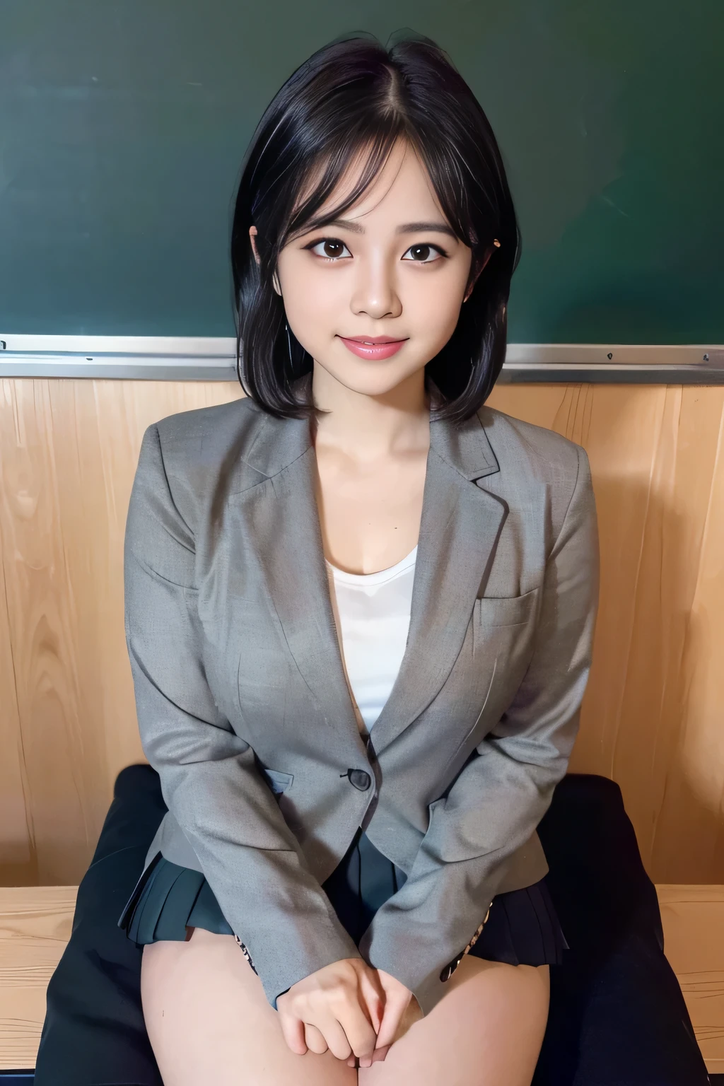 Anime, Realistic female anime style, (aegyo sal: 1), 18 years old girl, (Grey Blazer, tape, Foldable mini skirt, sox, Private School Uniforms: 1.2), Secondary Classroom, Beautiful details of the eye, (Eye size: 3/4) Facial light, ((fully body photo: 1.2)), especially strong light, (Upper eye, a smile: 1.2), glistning skin, (((A dark-haired, Cabello Bob: 1.2))), (thick thight), ulzzang -6500-v1.1: 0.2, bashful, (The Flash: 1.2), NSFW , (swollen), ((enchanting posture: 1.2, good-looking: 1.2)), (inactive), (sitting on a desk in a classroom: 1.2)), ((Good anatomy: 1.2)), ((Bright and refreshing classroom, blured background: 1.2)), face perfect, Cute and symmetrical face, (high-angle shot: 1.2)S., Natural side lighting, ((8K, Photo Raw, Superior Quality, masterpiece), high definition RAW color photos professional close-up photos, (realist, rendered: 1.37), (Highest Quality), (better shadows), (The best illustrations), clavicle ((The large)), ((Erotic, Sexy, 超A high resolution, 8K HD unified CG wallpaper, Physical performance, Movie Lighting), Canon EOS R50 Camera 50mm Lens