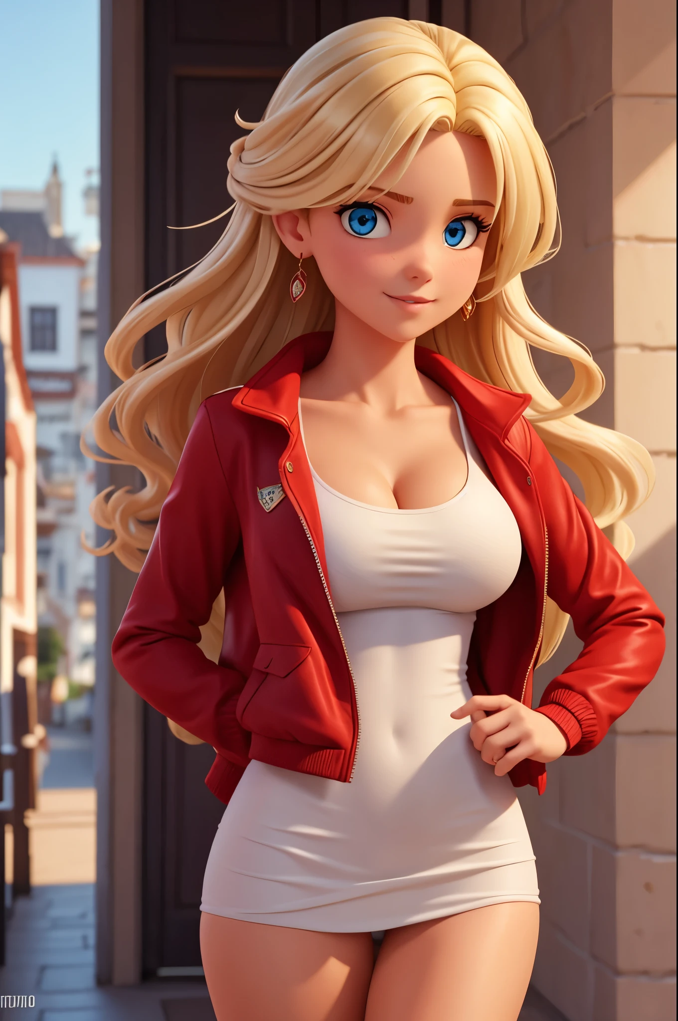Uma garota sexy, de cabelo LOIRO, She's in town, and is wearing an open red jacket over a WHITE BODY, Blonde, blue eyes