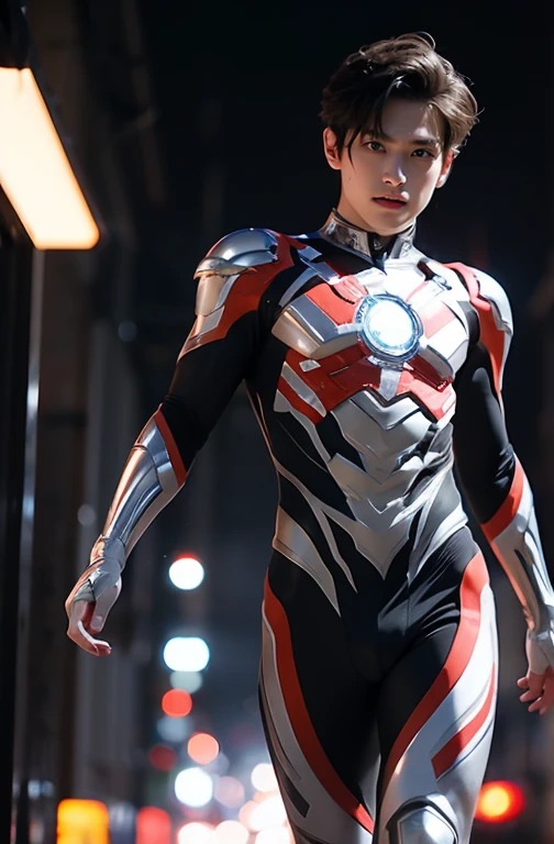 Ultraman, realistic, realistic, movie lights, young man in shiny red and silver suit, 15 years old, professional photo, skin exposed, Japanese model, Japanese CGI, sexy Ultraman suit, Power Rangers set, tight thin cyber suit, with elastic all over, delicate body, small butt, muscle, abs, lewd mark, groin tattoo, thin waist, exposed belly cyber suit on both sides skin tight, slanted eyes, sharp gaze, ponytail hair, facing forward, standing facing forward, glowing sphere embedded in chest, essay exam, blue sky background, Young beautiful boy, young handsome boy, Ultraman Boy personification, Ultraman-colored latex, Ultraman-colored rubber bodysuit, Ultraman color suit, Ultraman body suit, muscles, abs, mask off Ultraman Boy, Ultraman Boy without mask, Ultraman Boy suit, Ultraman Boy cosplay, Ultraman Boy costume, 15 year old boy's body, Ultraman Boy with face exposed, Ultraman without mask Boy, Ultraman without mask, medium-length hair, ponytail hair, color timer on chest, energy drain on chest, Ultraman Boy, boy's face, young boy with long hair, Ultraman Boy cosplayer, exposed face, 13 to 15 years old Boy, young boy's face, high definition, highest quality, best masterpiece, highest clarity, highest resolution, 8K, 16K, 32K, CG art, highest detail, Full body shot, full body view, Belly-baring Ultraman-colored bodysuit, belly-baring Ultraman-colored bodysuit, revealing bodysuit, lewd mark, crotch tattoo, abdominal muscle openwork bodysuit, abdominal muscle visible bodysuit,