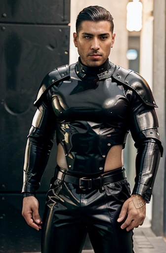 Handsome Latin Man Glamor Modern Fashion FUTURISTIC Fashion Black Clothing in Athletic LATEX pop Star Chestpiece ARMOR medieval warrior heroes ACRYLIC LATEX. FABRICA GOTCA tight pants highlighting the muscles. Goth futuristic haute couture
